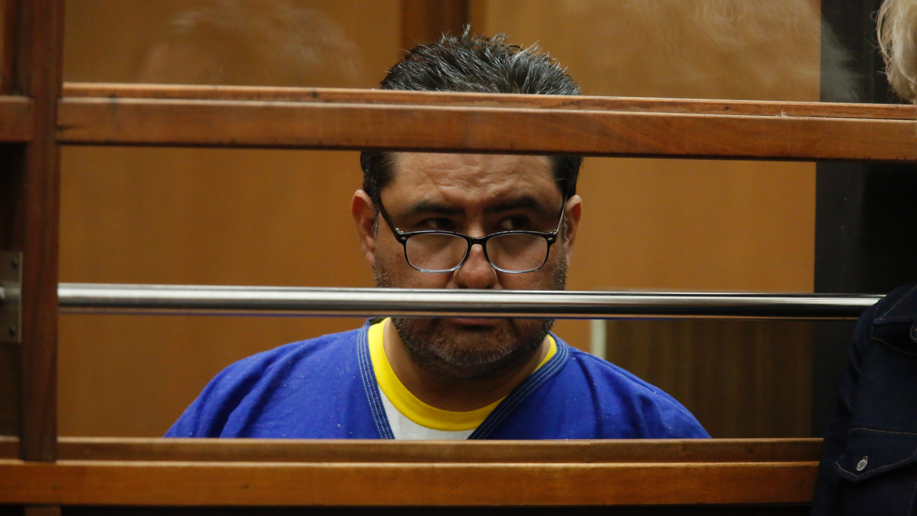 Naason Joaquin Garcia, appears in court in Los Angels, Calif. on Monday, June 10, 2019. García, and his co-defendants face a 26-count felony complaint that alleges crimes including child rape, statutory rape, molestation, human trafficking, child pornography and extortion. The charges detail allegations involving three girls and one woman between 2015 and 2018 in Los Angeles County. (Ringo Chiu/Pool Photo via AP)