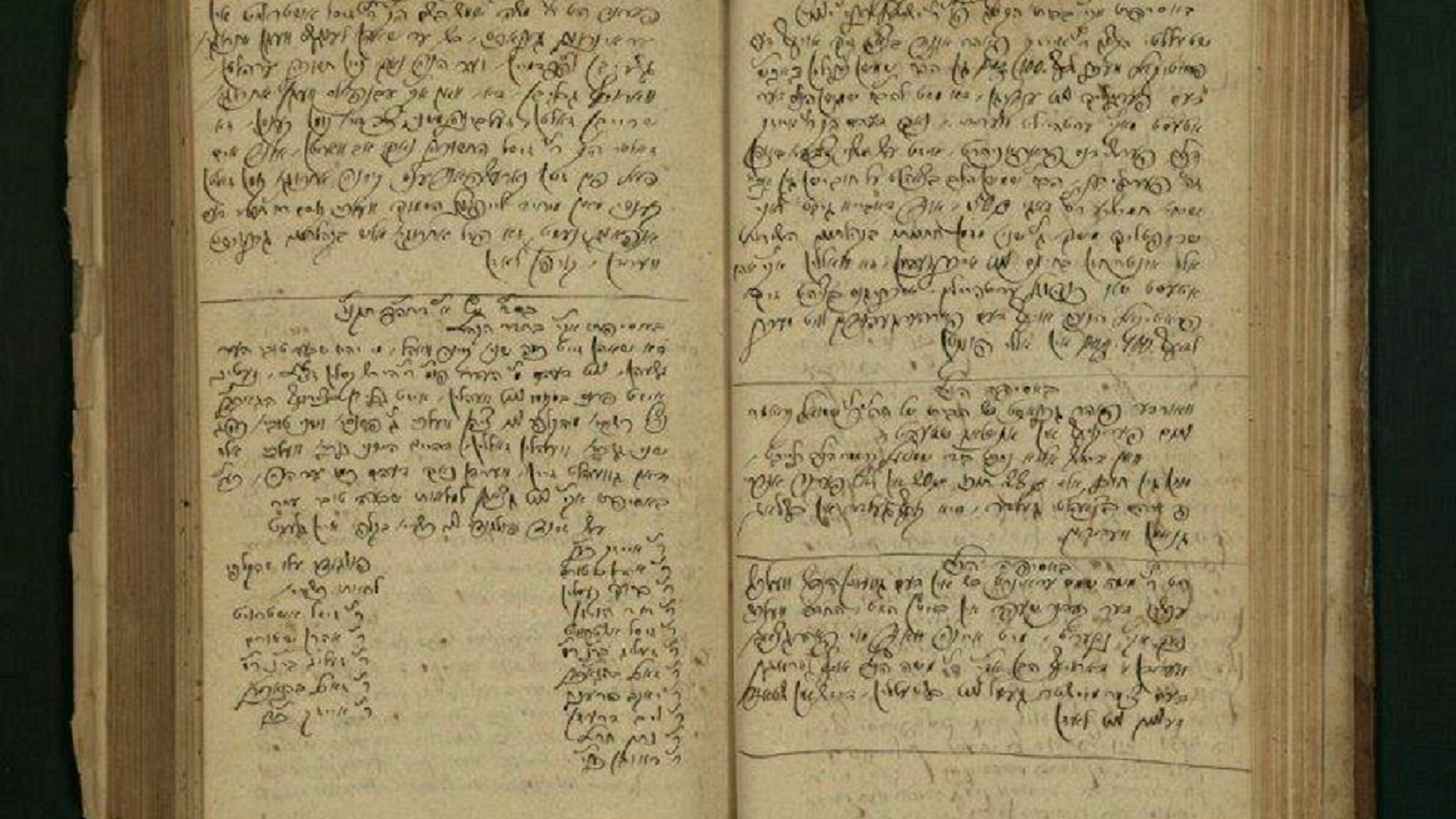 This undated photo provided by the Israel National Library, shows a document from Halberstadt, Germany, written in the 18th century. The library has begun digitizing communal ledgers of modern European Jewish communities, known as pinkasim. The documents, were used by European Jewish communities hundreds of years ago to keep track of financial transactions, political happenings, relations with non-Jewish government bodies, and even funny moments in the communities. (Israel National Library via AP)