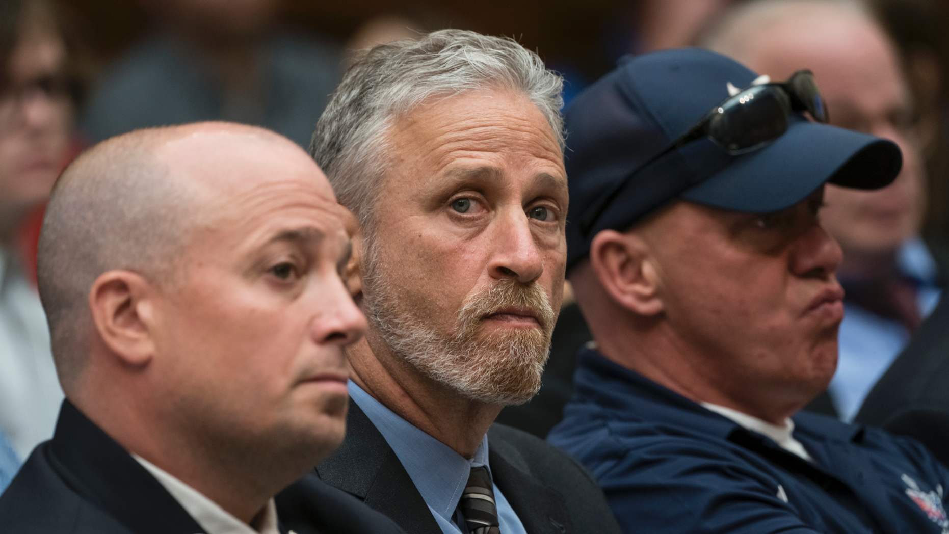 Entertainer and romantic Jon Stewart lends his support to firefighters, initial responders and survivors of a Sep 11 apprehension attacks during a conference by a House Judiciary Committee as it considers permanent authorisation of a Victim Compensation Fund, on Capitol Hill in Washington, Tuesday, Jun 11, 2019. (AP Photo/J. Scott Applewhite)