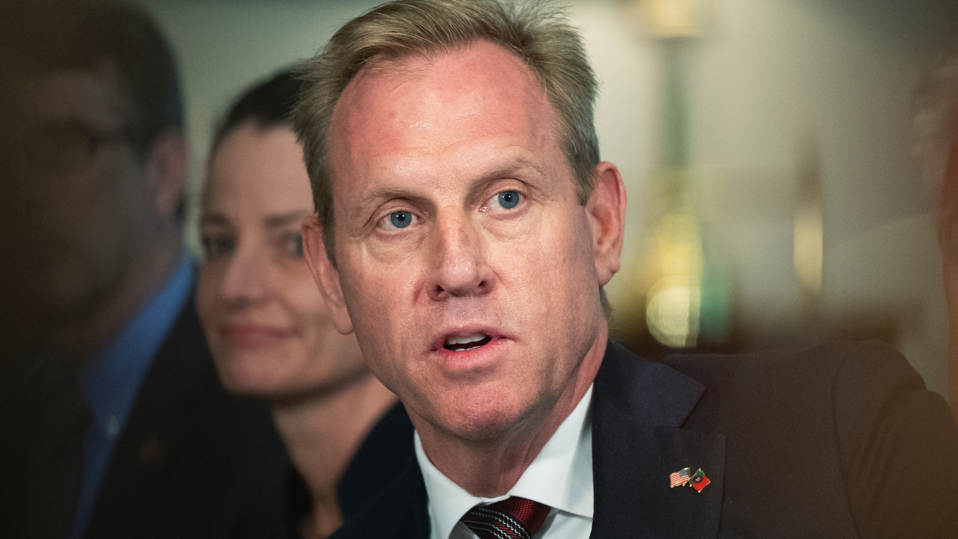 FILE - In this Feb. 14, 2019 file photo, acting Secretary of Defense Patrick Shanahan speaks about the situation in the Persian Gulf region during a meeting with Portuguese Minister of National Defense Joao Cravinho, at the Pentagon. President Donald Trump announced on June 18 that Shanahan will not move forward with the confirmation process to be Defense Secretary. (AP Photo/Manuel Balce Ceneta, File)