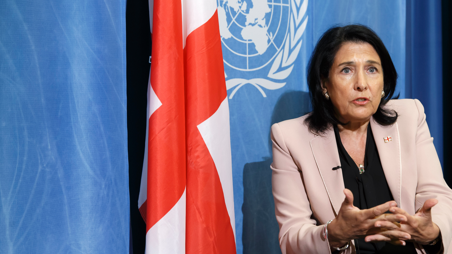 Georgian President Salome Zourabichvili speaks to the Associated Press during an interview on the margins of the 108th session of the International Labour Conference - ILO Centenary Session, at the European headquarters of the United Nations in Geneva, Switzerland, Monday, June 10, 2019. (Salvatore Di Nolfi/Keystone via AP))