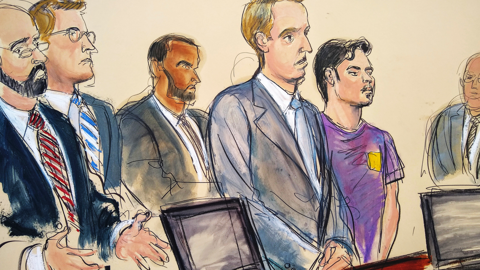 In this courtroom drawing, Ashiqul Alam, fourth from left, makes his initial court appearance and is arraigned at federal court in the Brooklyn Borough of New York, Friday, June 7, 2019. Prosecutors say that Alam plotted to use guns, grenades and suicide vests to bring bloodshed to New York City's Times Square. From left are Assistant US Attorney David Kessler, Assistant US Attorney Michael Keilty, a US Federal Marshal, Federal Defender James Darrow, defendant Ashiqul Alam and a US Federal Marshal. (Elizabeth Williams via AP)