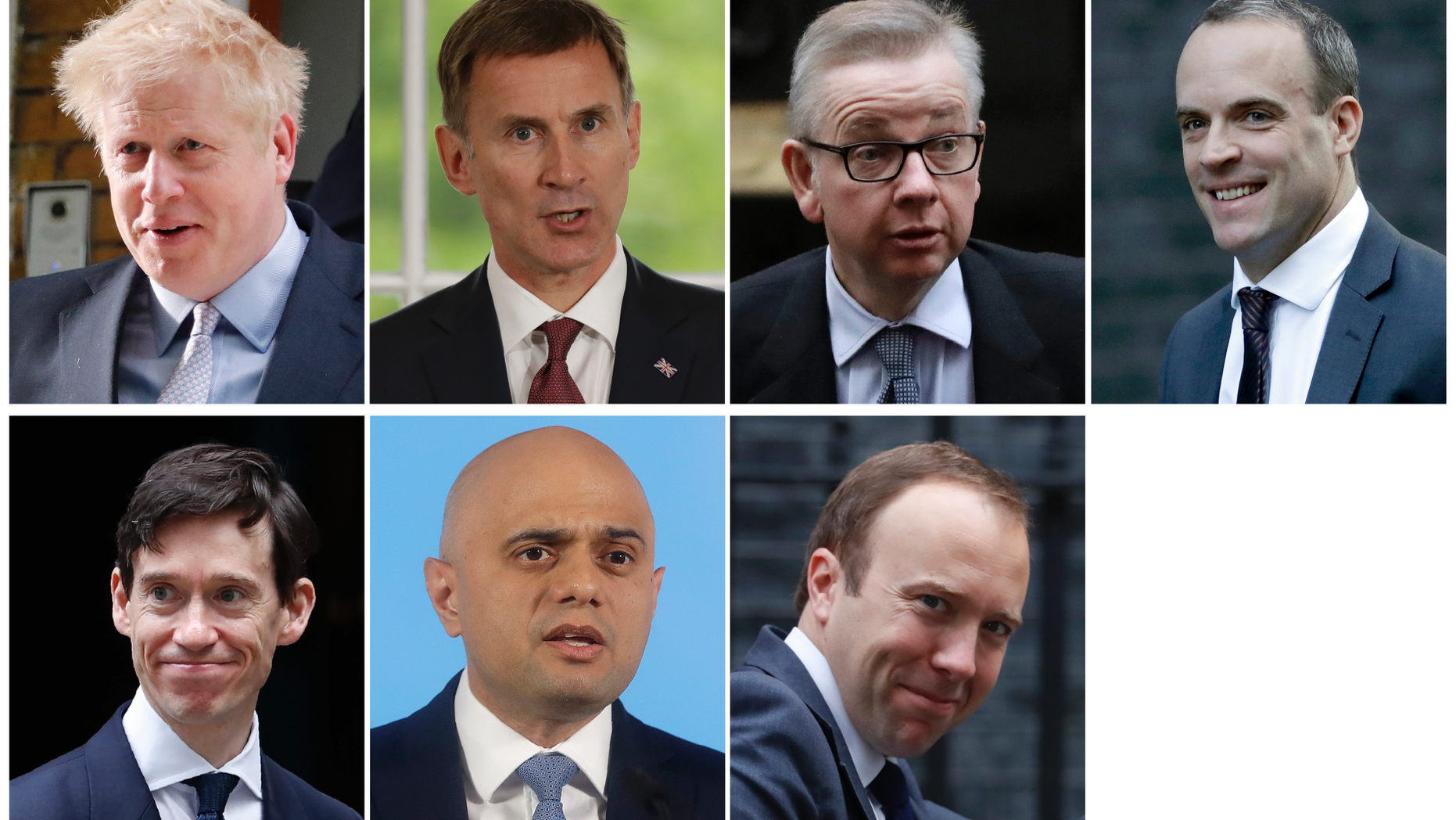 This combination photo made up of file photos shows the remaining contenders in the Conservative Party leadership race after the first round of votes on Thursday June 13, 2019. From top left, Boris Johnson, Jeremy Hunt, Michael Gove, Dominic Raab and bottom row from left, Rory Stewart, Sajid Javid and Matt Hancock. Boris Johnson secured the most support in the first round, while three other candidates have been eliminated. (AP Photo)
