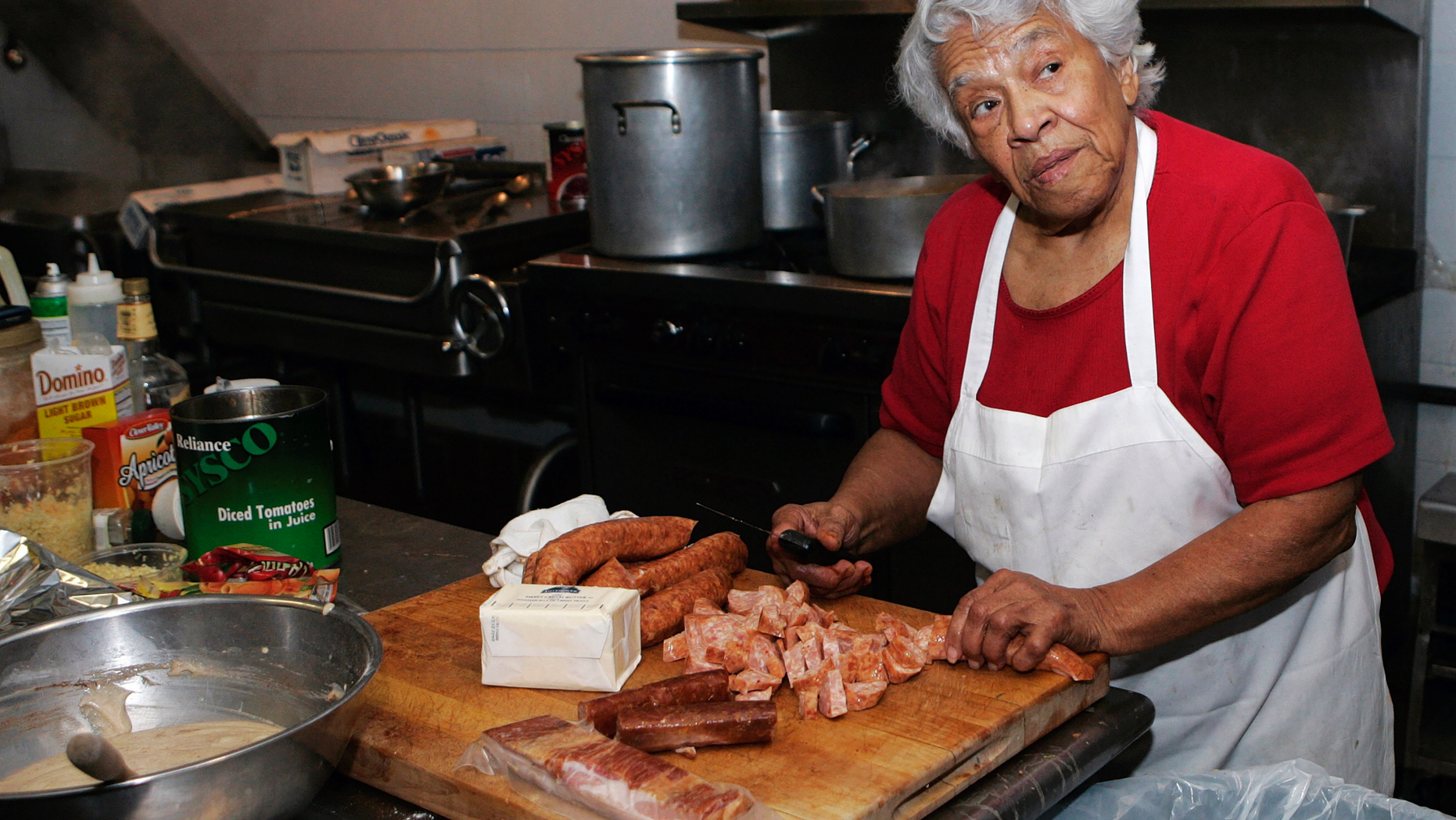 FILE - In this Jan. 20, 2009, file photo, Chef Leah Chase, owner of Dooky Chase' prepares for lunch at her restaurant in New Orleans. The legendary New Orleans chef and civil rights icon Leah Chase has died at 96, according to a statement her family released to news outlets. (AP Photo/Bill Haber, File)