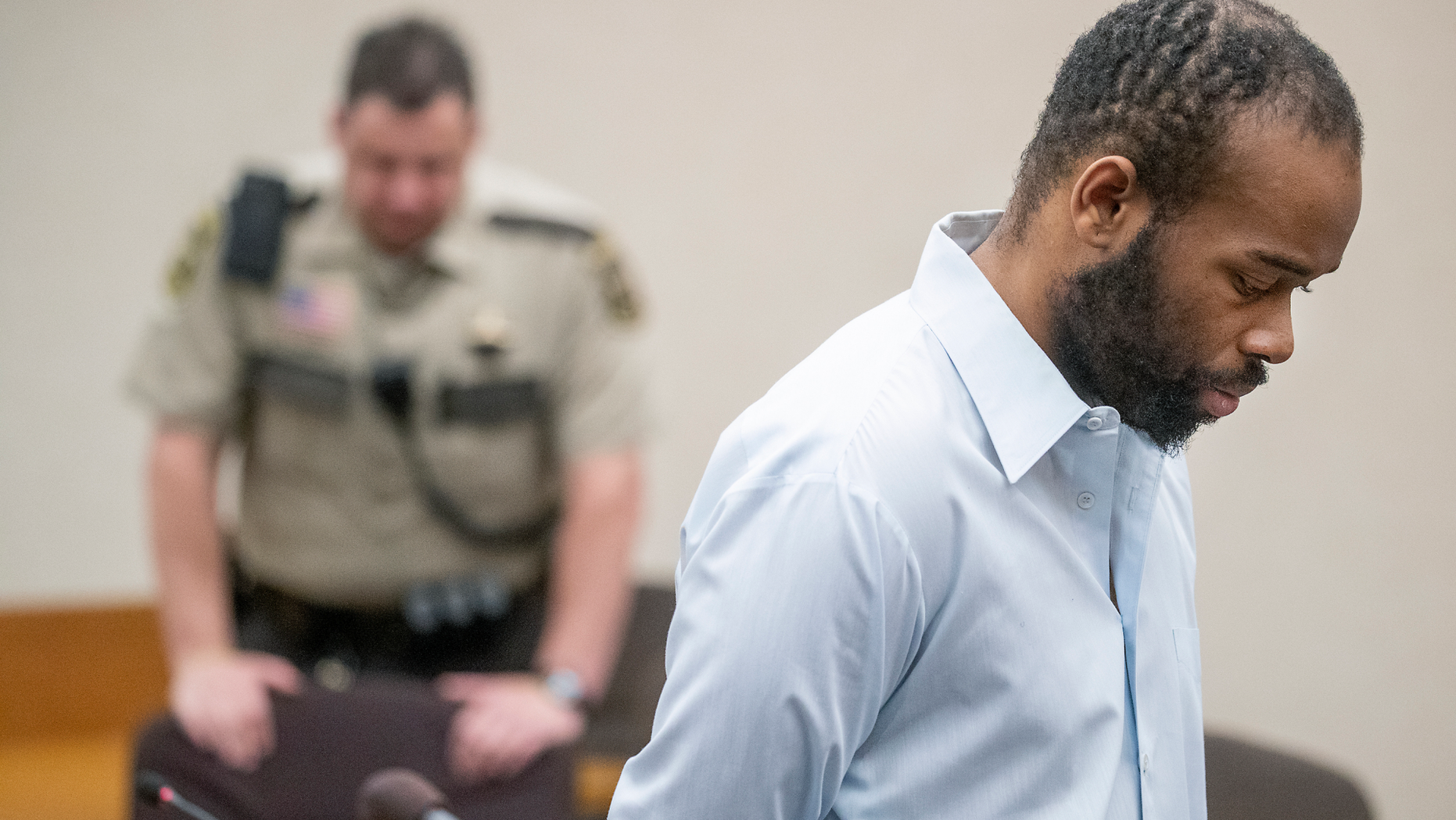 Emmanuel Aranda, who threw a 5-year-old boy over a Mall of America balcony, listens as Judge Jeannice Reding hands out a 19-year sentence at the Hennepin County Government Center, Monday, June 3, 2019 in Minneapolis, Minn. (Elizabeth Flores/Star Tribune via AP)