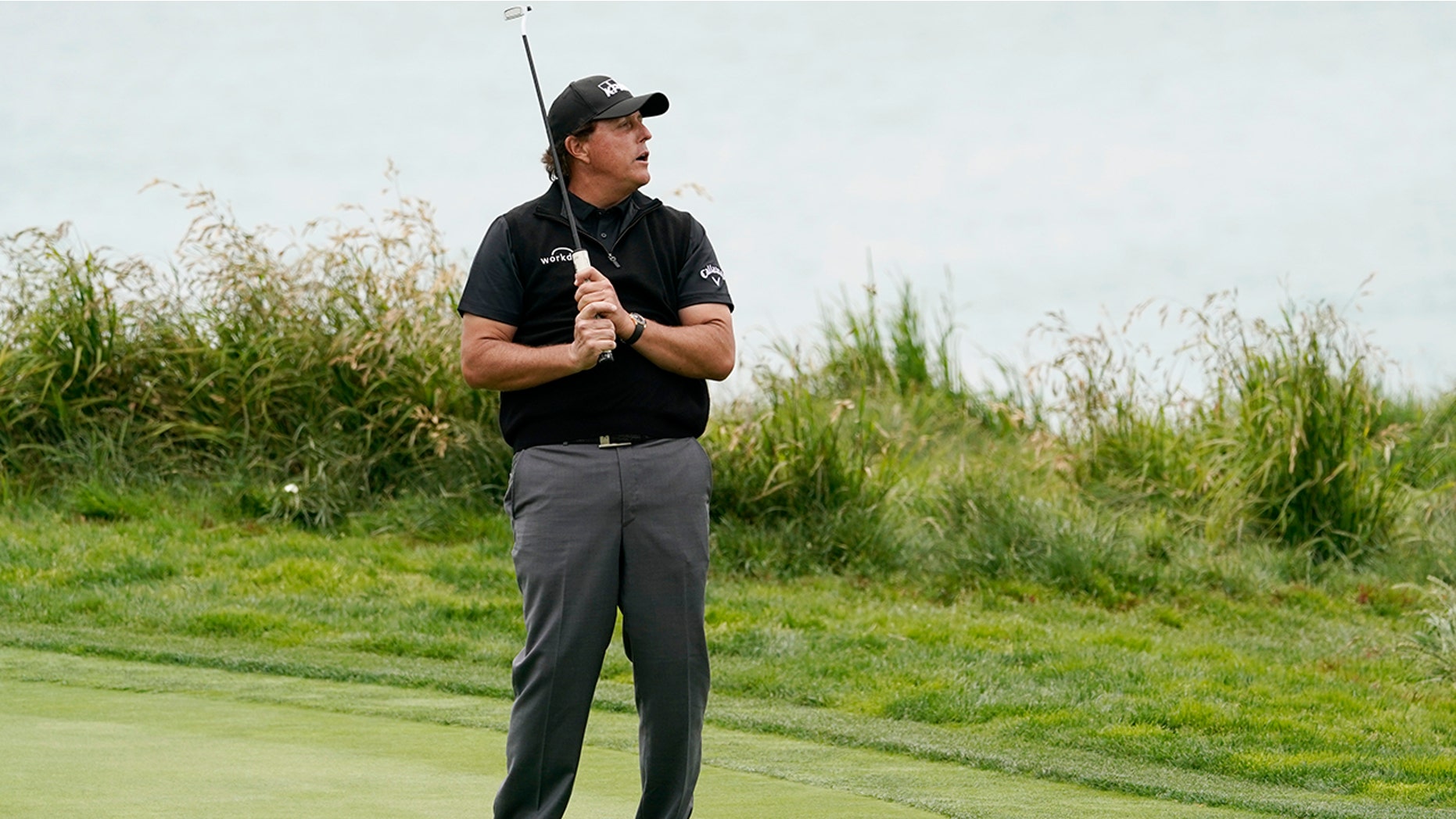 Phil Mickelson reacts after missing a putt on the ninth hole during the first round of the U.S. Open Championship golf tournament Thursday, June 13, 2019, in Pebble Beach, Calif. (AP Photo/David J. Phillip)