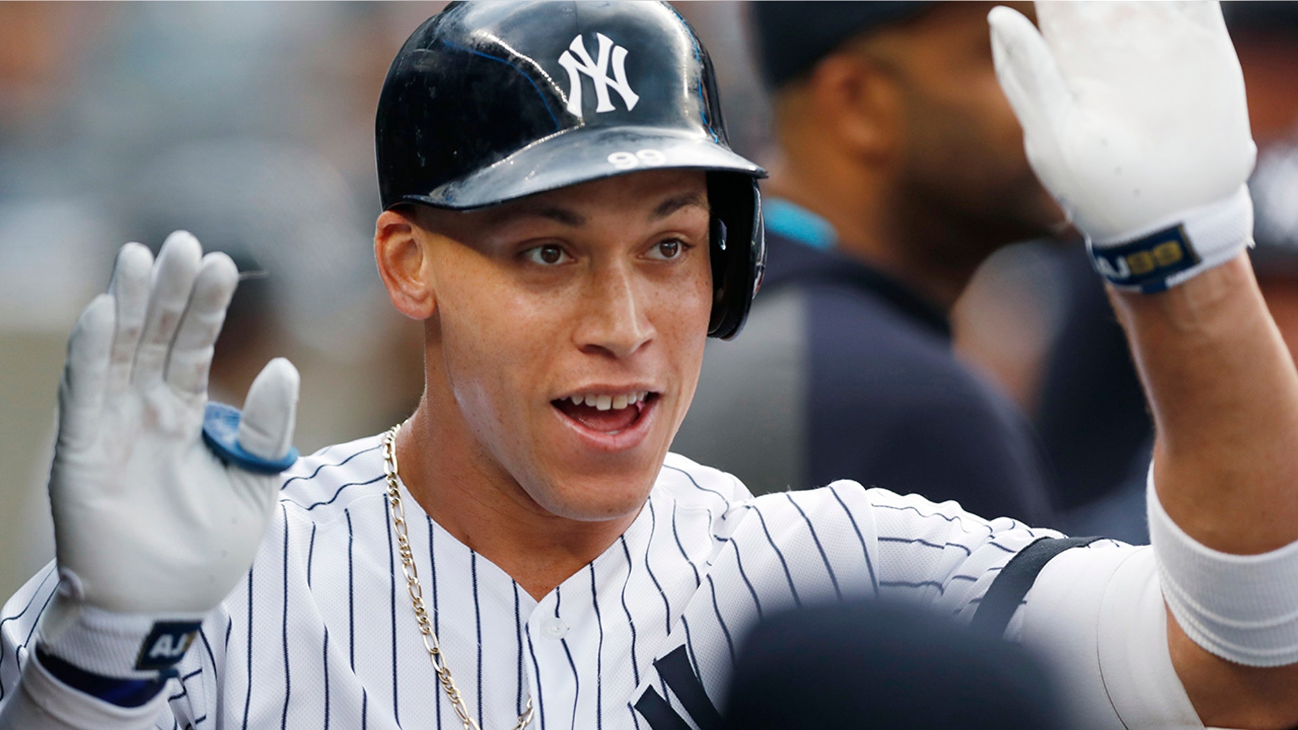 New York Yankees' Aaron Judge celebrates after hitting a solo home run during the first inning of the team's baseball game against the Toronto Blue Jays, Tuesday, June 25, 2019, in New York. It was Judge's first home run since returning from a stint on the injured list. (AP Photo/Kathy Willens)