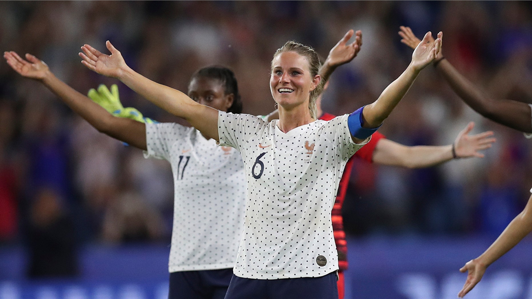 France's Amandine Henry celebrates at the end of the Women's World Cup round of 16 soccer match between France and Brazil at the Oceane stadium in Le Havre, France, Sunday, June 23, 2019. France beat Brazil 2-1. (AP Photo/Francisco Seco)