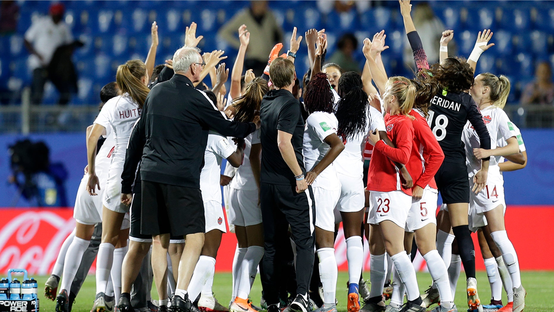 Canadian team celebrate after their 1-0 win in their Women's World Cup Group E soccer match between Canada and Cameroon in Montpellier, France, Monday, June 10, 2019. (AP Photo/Claude Paris)