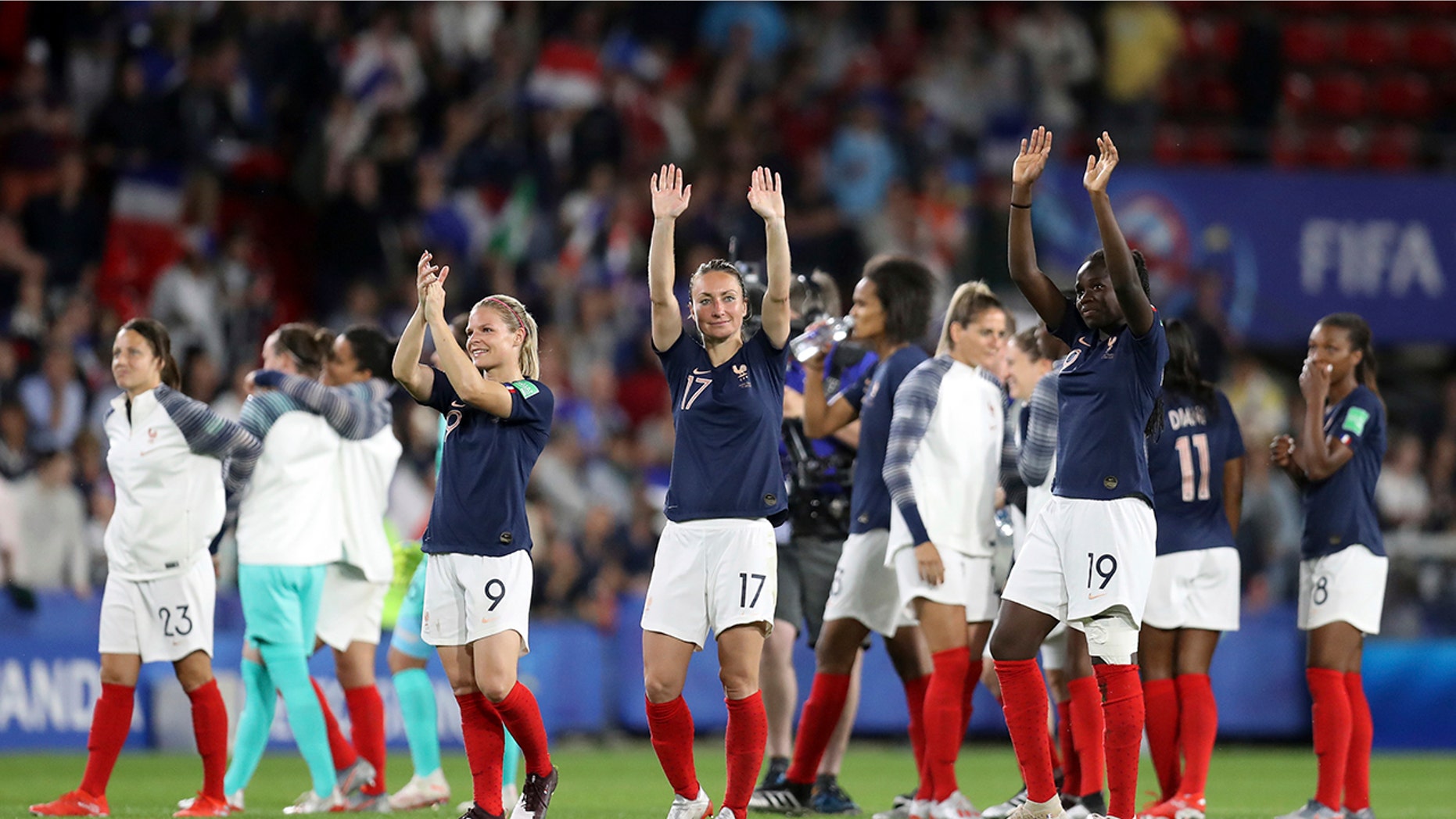 France players celebrate at the end of the Women's World Cup Group A soccer match between Nigeria and France at the Roazhon Park in Rennes, France, Monday, June 17, 2019. France beat Nigeria 1-0. (AP Photo/Vincent Michel)