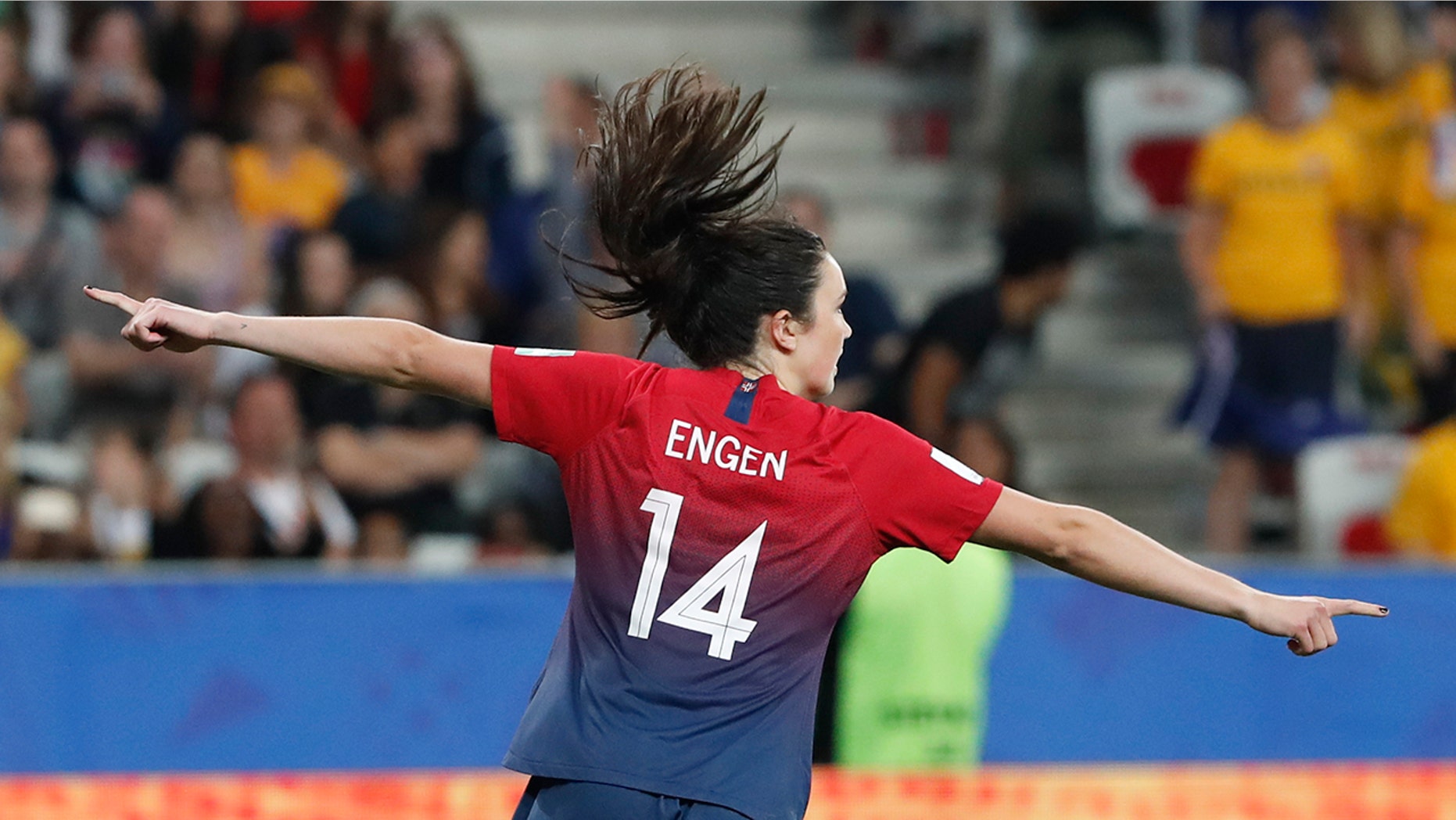 Norway's Ingrid Syrstad Engen celebrates after scoring in the penalty shoot-out of the Women's World Cup round of 16 soccer match between Norway and Australia at the Stade de Nice in Nice, France, Saturday, June 22, 2019. (AP Photo/Thibault Camus)