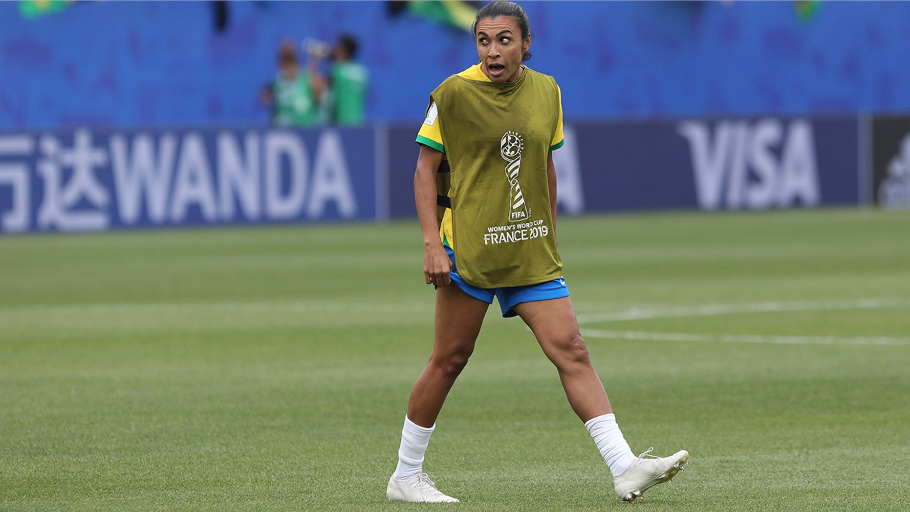 Brazil's Marta celebrates at the end of the Women's World Cup Group C soccer match between Brazil and Jamaica in Grenoble, France, Sunday, June 9, 2019. Marta has been ruled out for Brazil's opening match at the Women's World Cup because of a left thigh injury. (AP Photo/Laurent Cipriani)