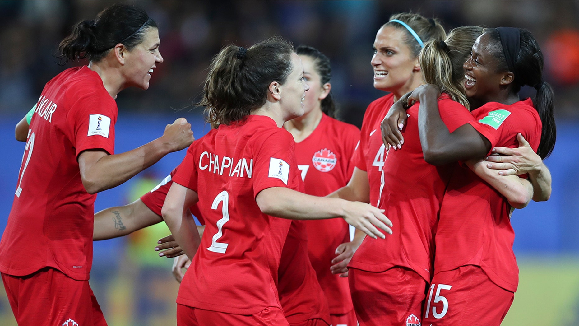 Canada's Nichelle Prince, right, celebrates with her teammates after scoring her side's second goal during the Women's World Cup Group E soccer match between Canada and New Zealand in Grenoble, France, Saturday, June 15, 2019. (AP Photo/Francisco Seco)