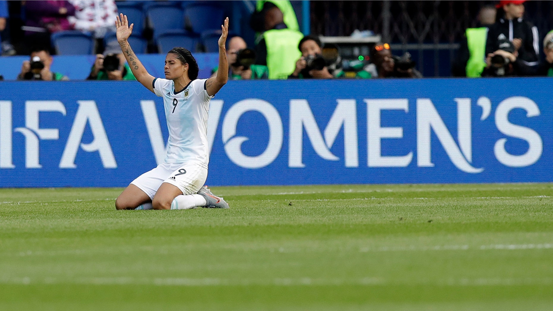 Argentina's Sole Jaimes gestures at the end of the Women's World Cup Group D soccer match between Argentina and Japan at the Parc des Princes in Paris, Monday, June 10, 2019. The match ended in a 0-0 draw. (AP Photo/Alessandra Tarantino)