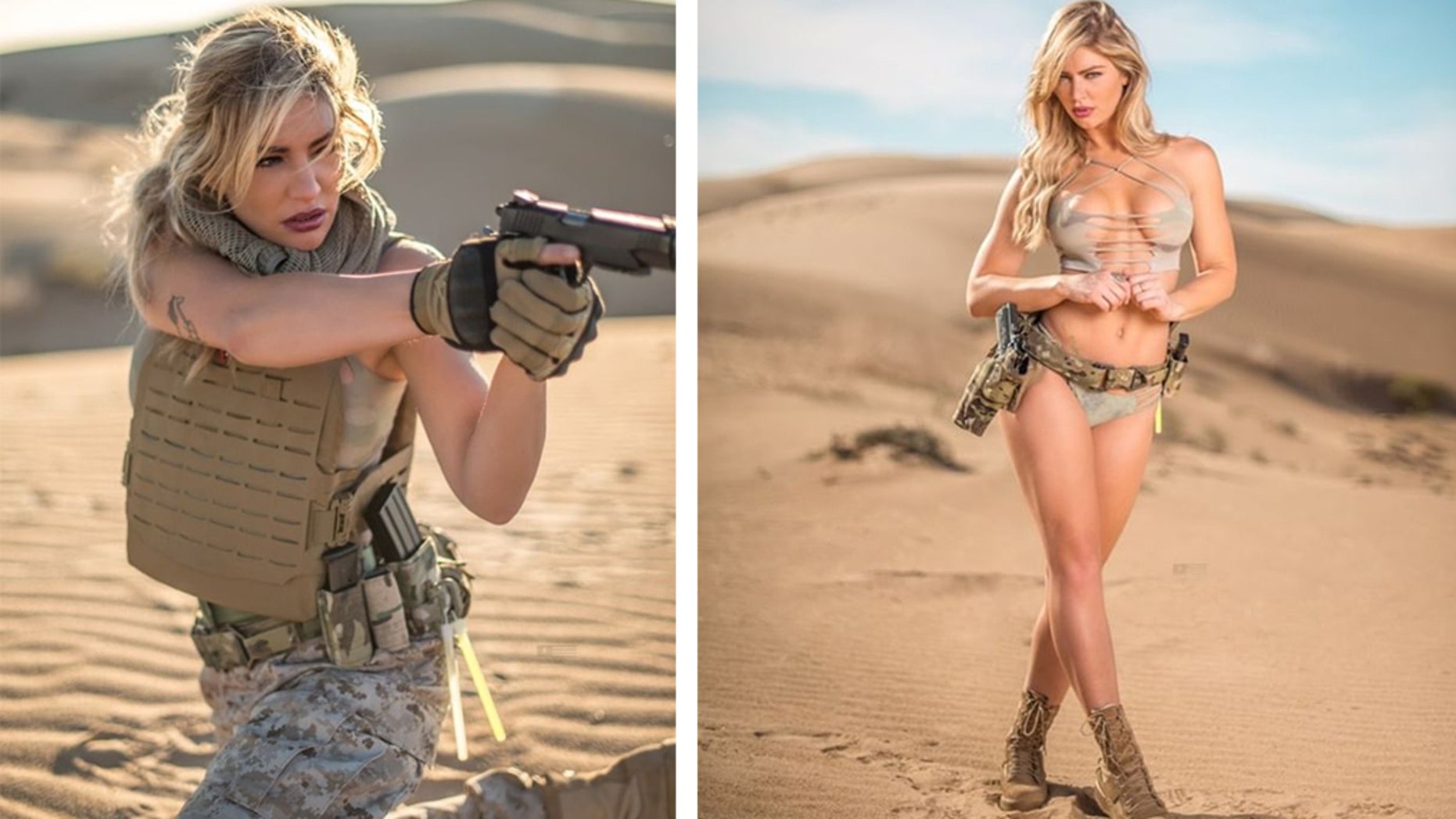 In a new desert photo shoot, the former Marine-turned-model is pictured wea...