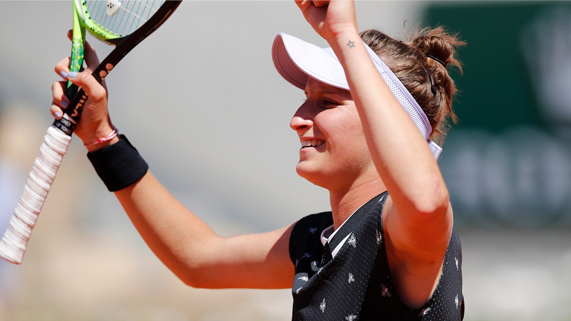 Marketa Vondrousova of the Czech Republic celebrates winning her fourth round match of the French Open tennis tournament against Latvia's Anastasija Sevastova in two sets 6-2, 6-0, at the Roland Garros stadium in Paris, Sunday, June 2, 2019. (AP Photo/Christophe Ena)