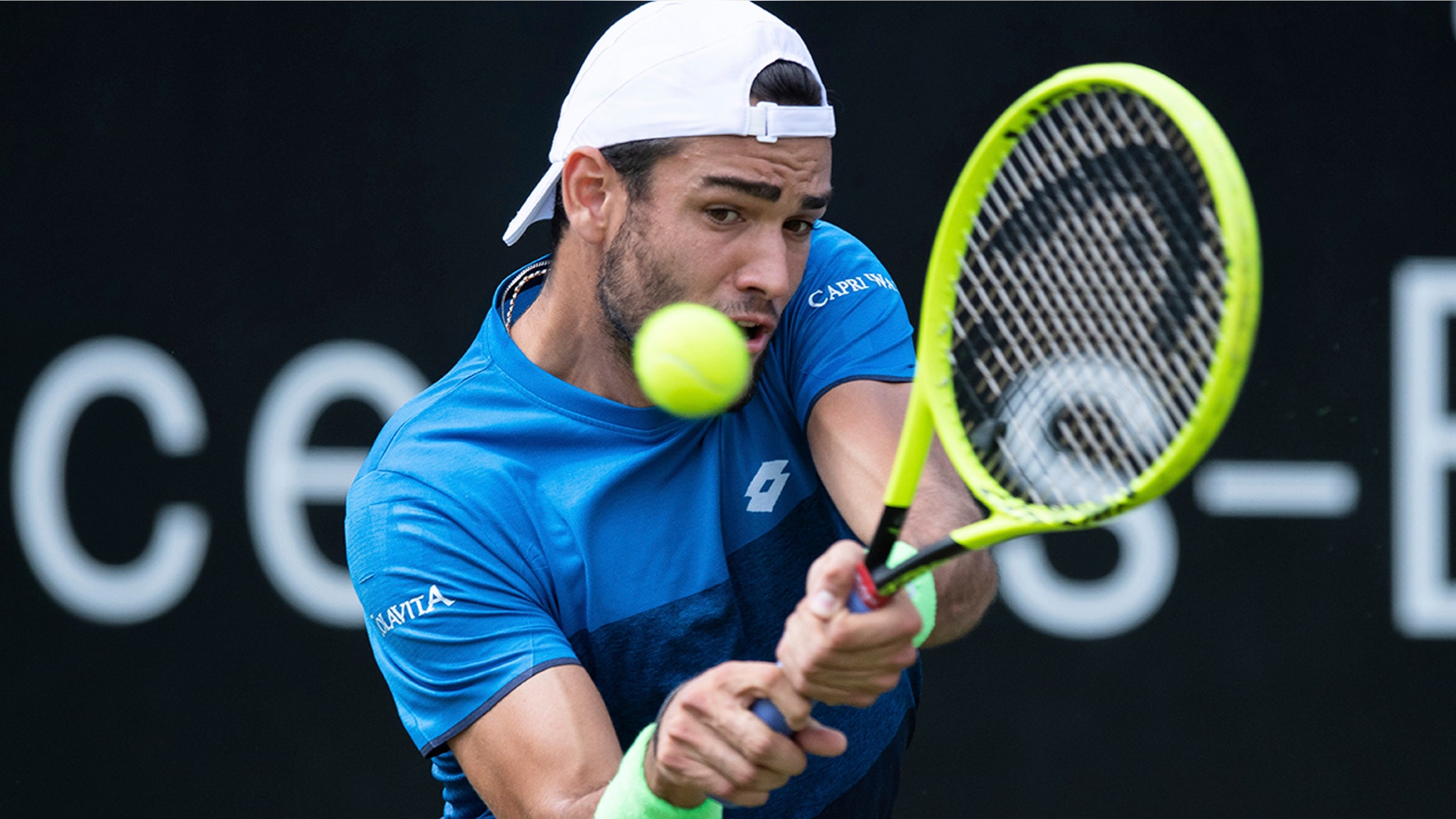 Italy's Matteo Berrettini returns the ball during his final match against Canada's Felix Auger-Aliassime at the ATP Tennis tournament in Stuttgart, Germany, June 16, 2019. (Silas Stein/dpa via AP)