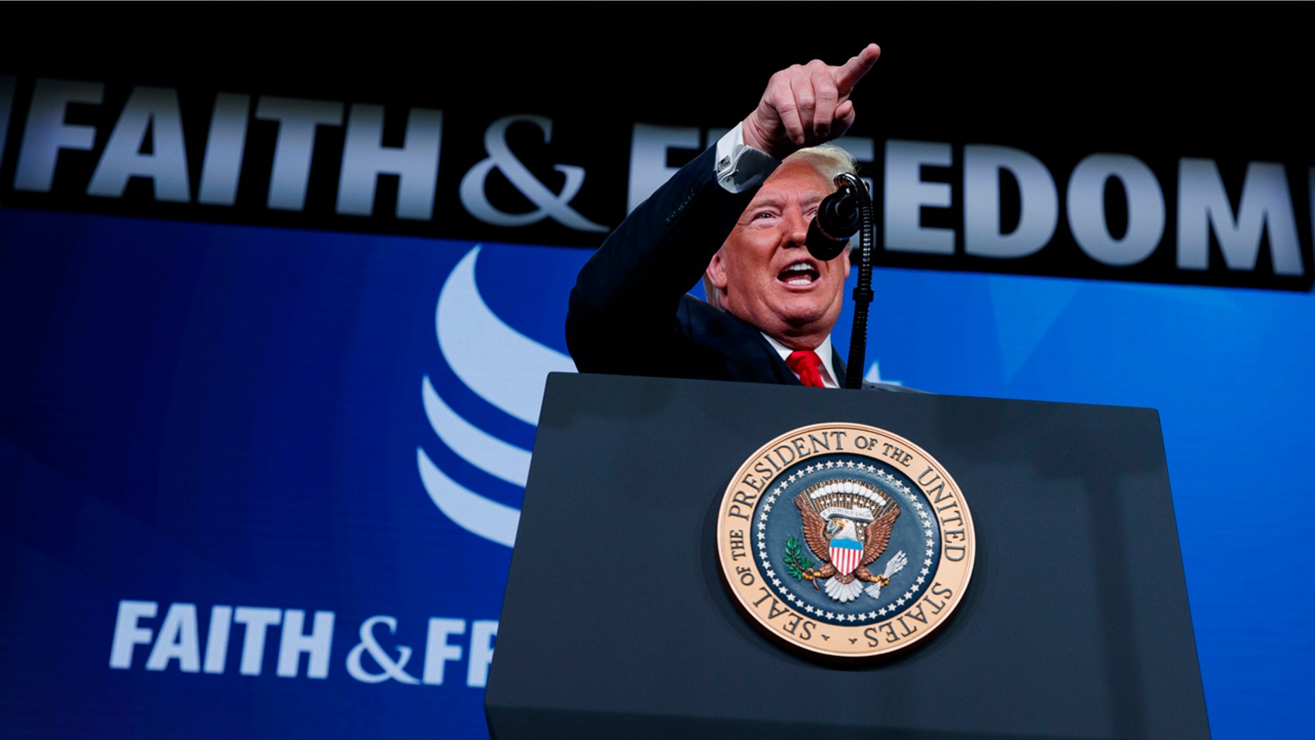 President Donald Trump speaks at the "Faith & Freedom Coalition 2019 Road To Majority Policy Conference," Wednesday, June 26, 2019, in Washington. (AP Photo/Evan Vucci)