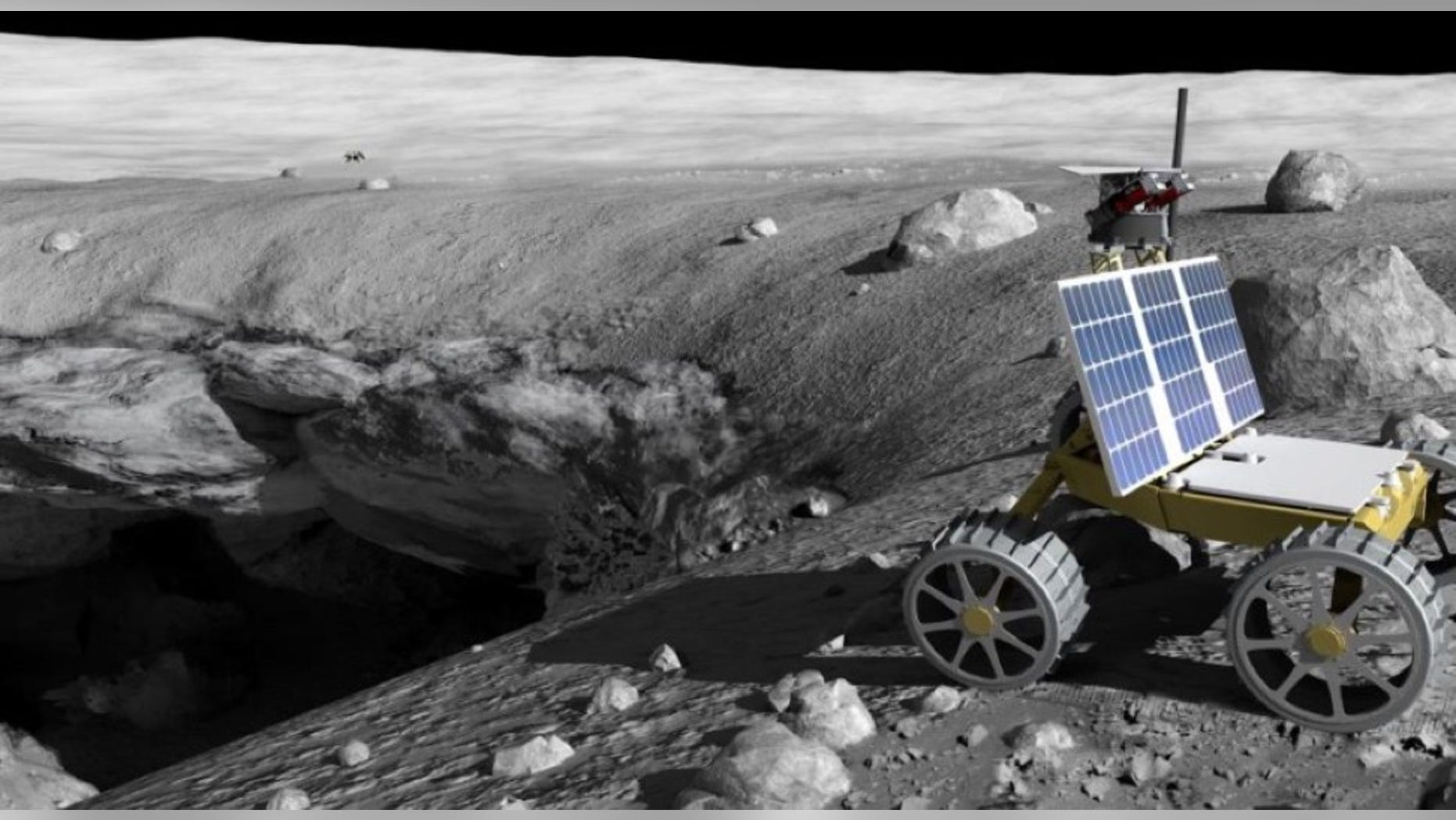 An artist's depiction of a mission at work exploring pits in the surface of the moon.