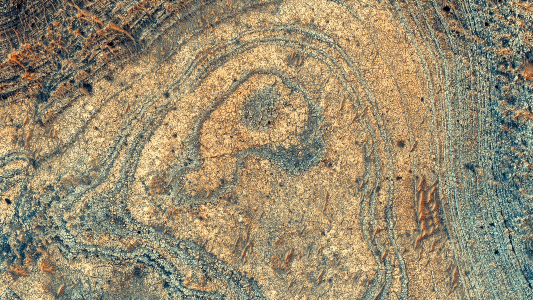 An image of the Martian mineral that scientists now think may have been created by volcanic eruptions, as seen from orbit.