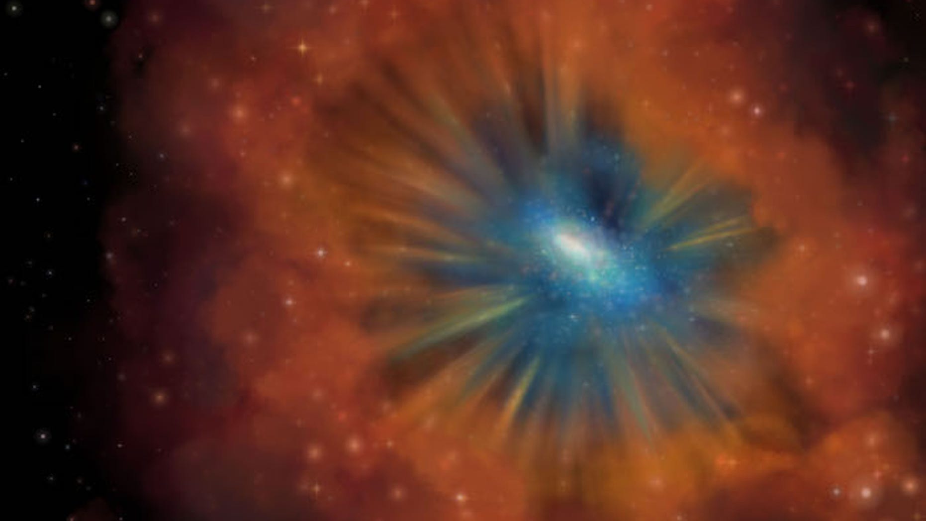 An artistic conception of an energetic quasar that has cleared out the gas and dust in the center of the galaxy and is pushing it to the outskirts. Soon, there will be no gas and dust left to build new stars.