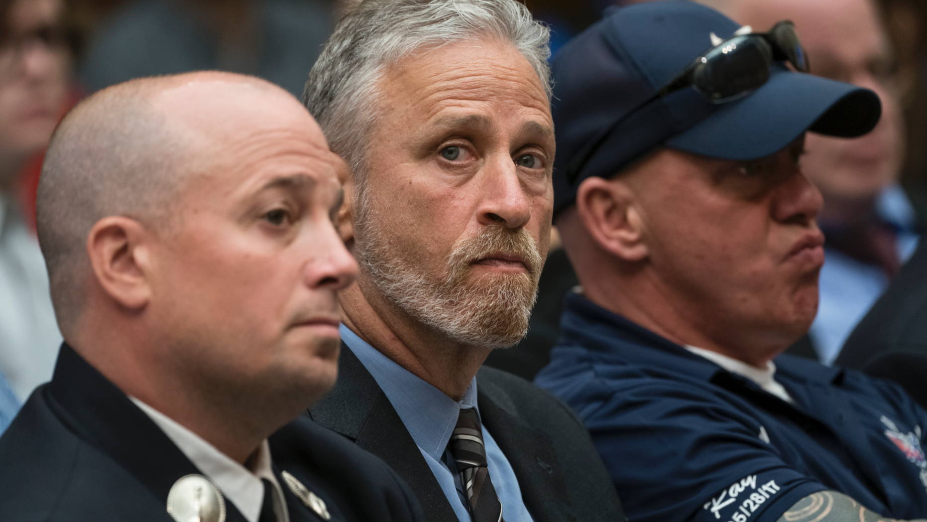 Entertainer and activist Jon Stewart lends his support to firefighters, first responders and survivors of the September 11 terror attacks at a hearing by the House Judiciary Committee as it considers permanent authorization of the Victim Compensation Fund, on Capitol Hill in Washington, Tuesday, June 11, 2019. (AP Photo/J. Scott Applewhite)