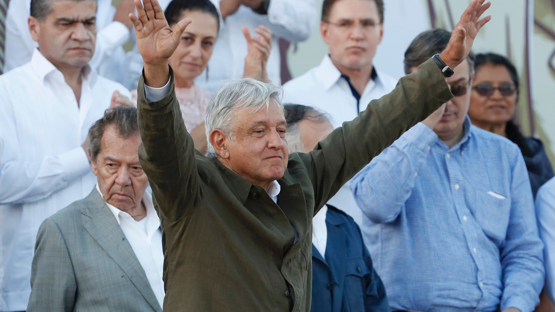 Mexican President Andres Manuel Lopez Obrador receives the applause of the crowd during a rally in Tijuana, Mexico, Saturday, June 8, 2019. Mexican President Andres Lopez Obrador held the rally in Tijuana even as President Trump has put on hold his plan to begin imposing tariffs on Mexico on Monday, saying the U.S. ally will take "strong measures" to reduce the flow of Central American migrants into the United States. (AP Photo/Eduardo Verdugo)