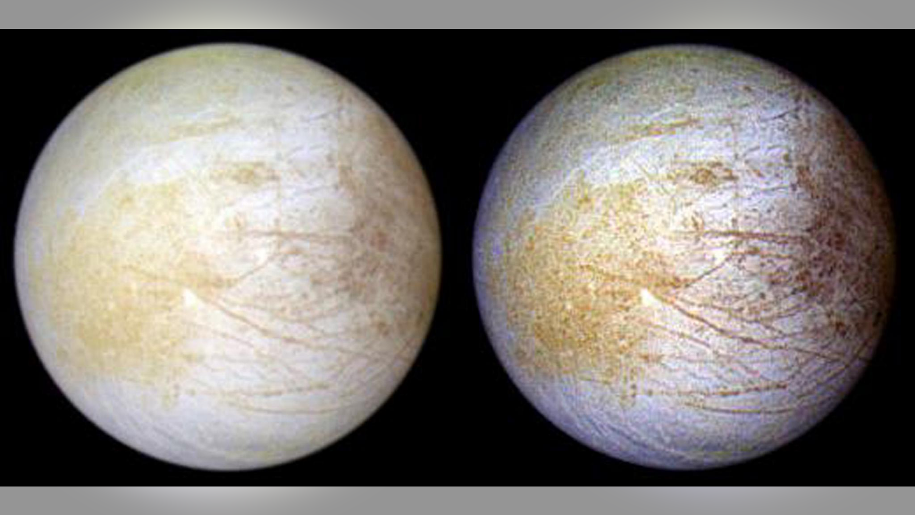 NASA’s Galileo spacecraft captured this color composite view of the Jupiter moon Europa in 1997. At left is a natural-color view; the enhanced-color version at right is designed to bring out color differences. The yellow patch at center-left in both views is the “chaos region” Tara Regio, where the Hubble Space Telescope recently spotted evidence of sodium chloride on the surface.