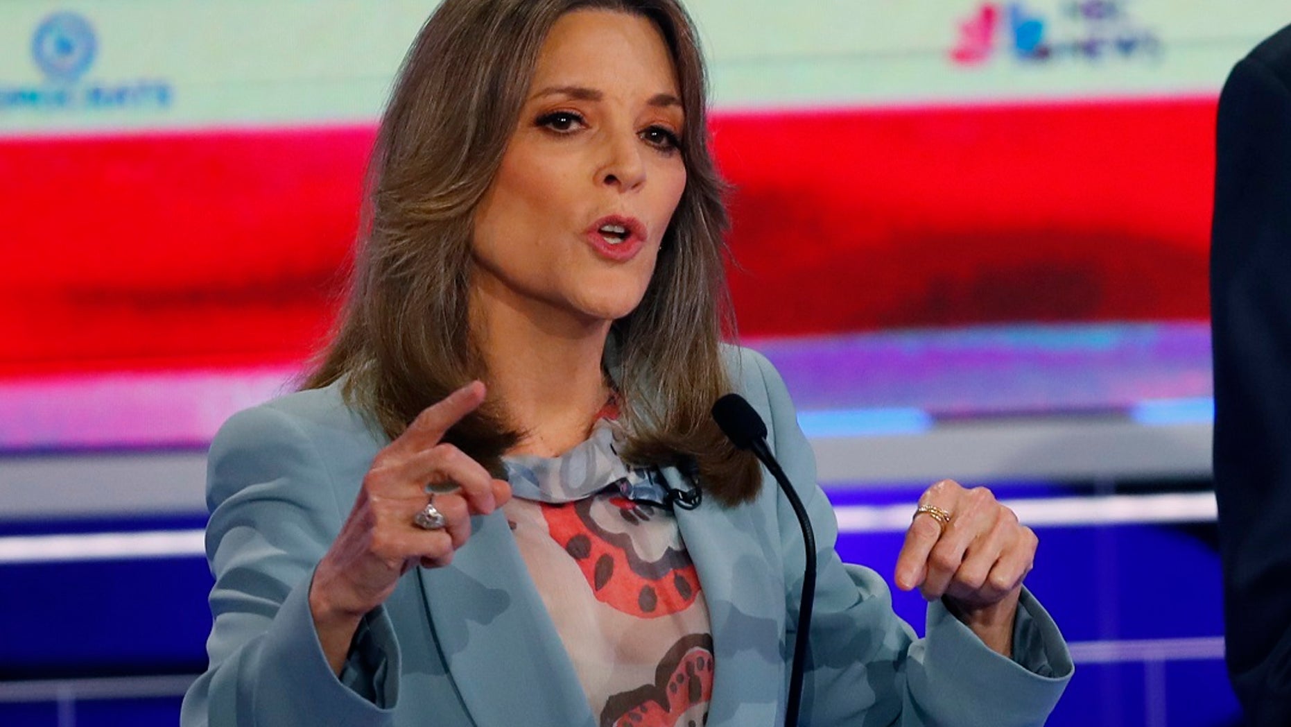 Democratic presidential candidate author Marianne Williamson speaks during the Democratic primary in Miami. (AP Photo/Wilfredo Lee)