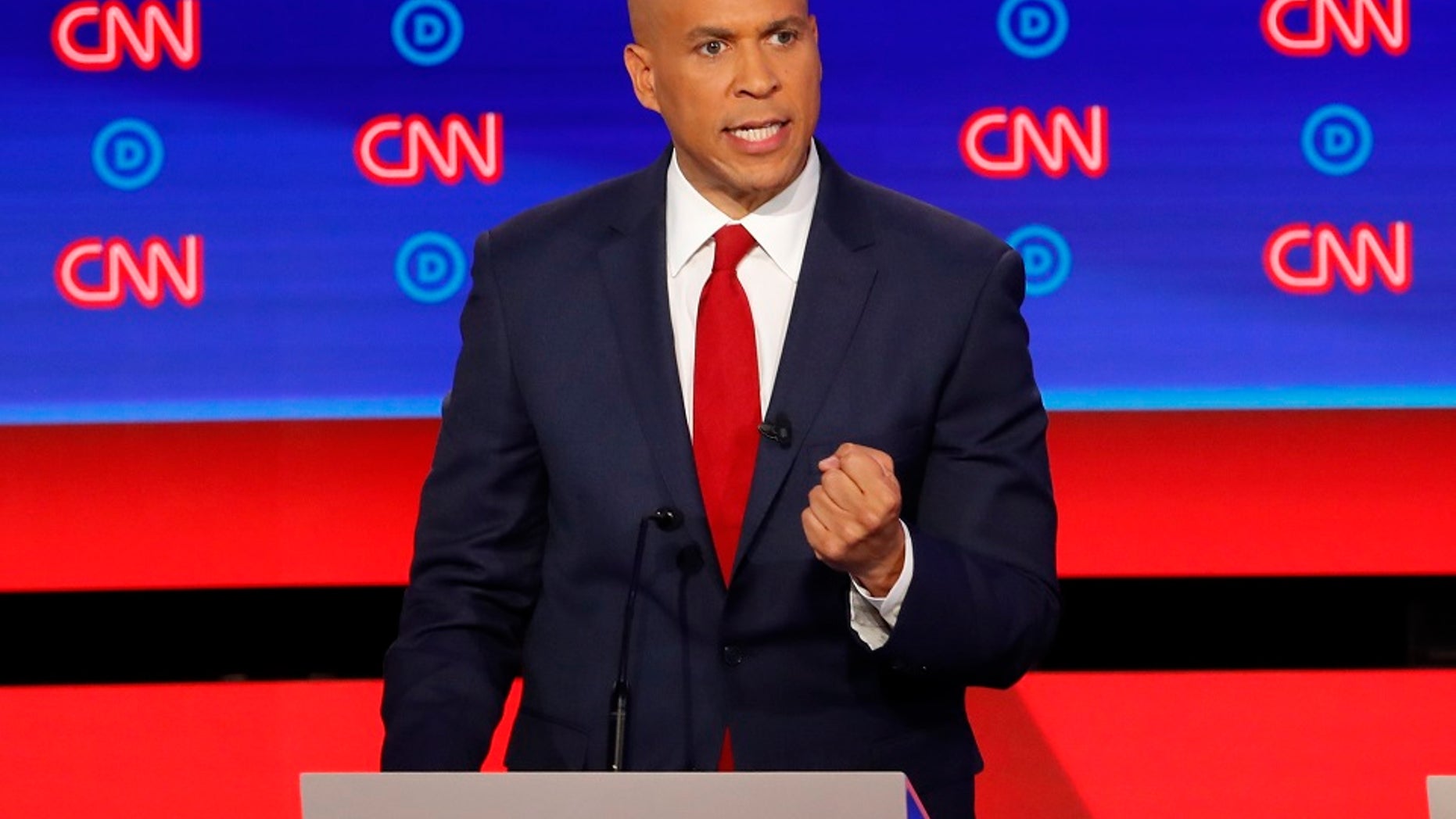 Sen. Cory Booker, D-N.J., participates in the second of two Democratic presidential primary debates hosted by CNN Wednesday, July 31, 2019, in the Fox Theatre in Detroit. (AP Photo/Paul Sancya)