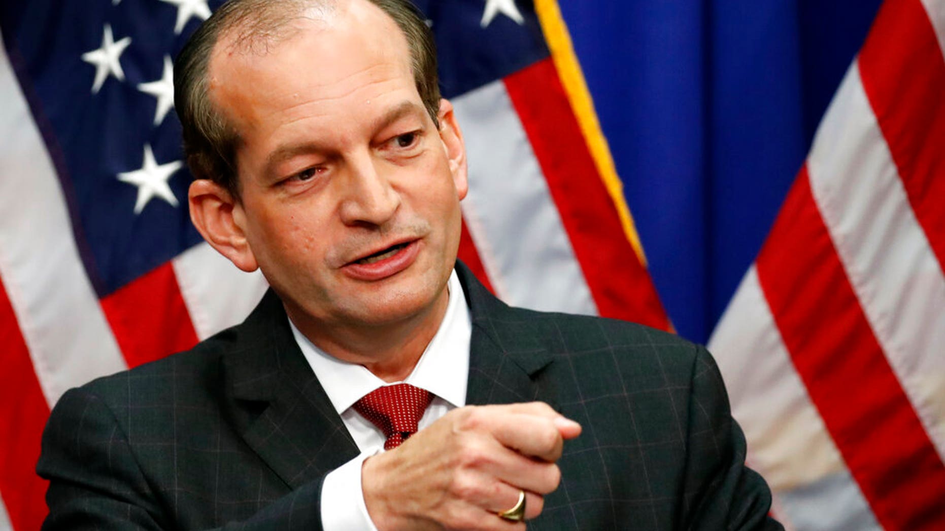 Labor Secretary Alex Acosta speaks during a media availability at the Department of Labor, Wednesday, July 10, 2019, in Washington. (AP Photo/Alex Brandon)