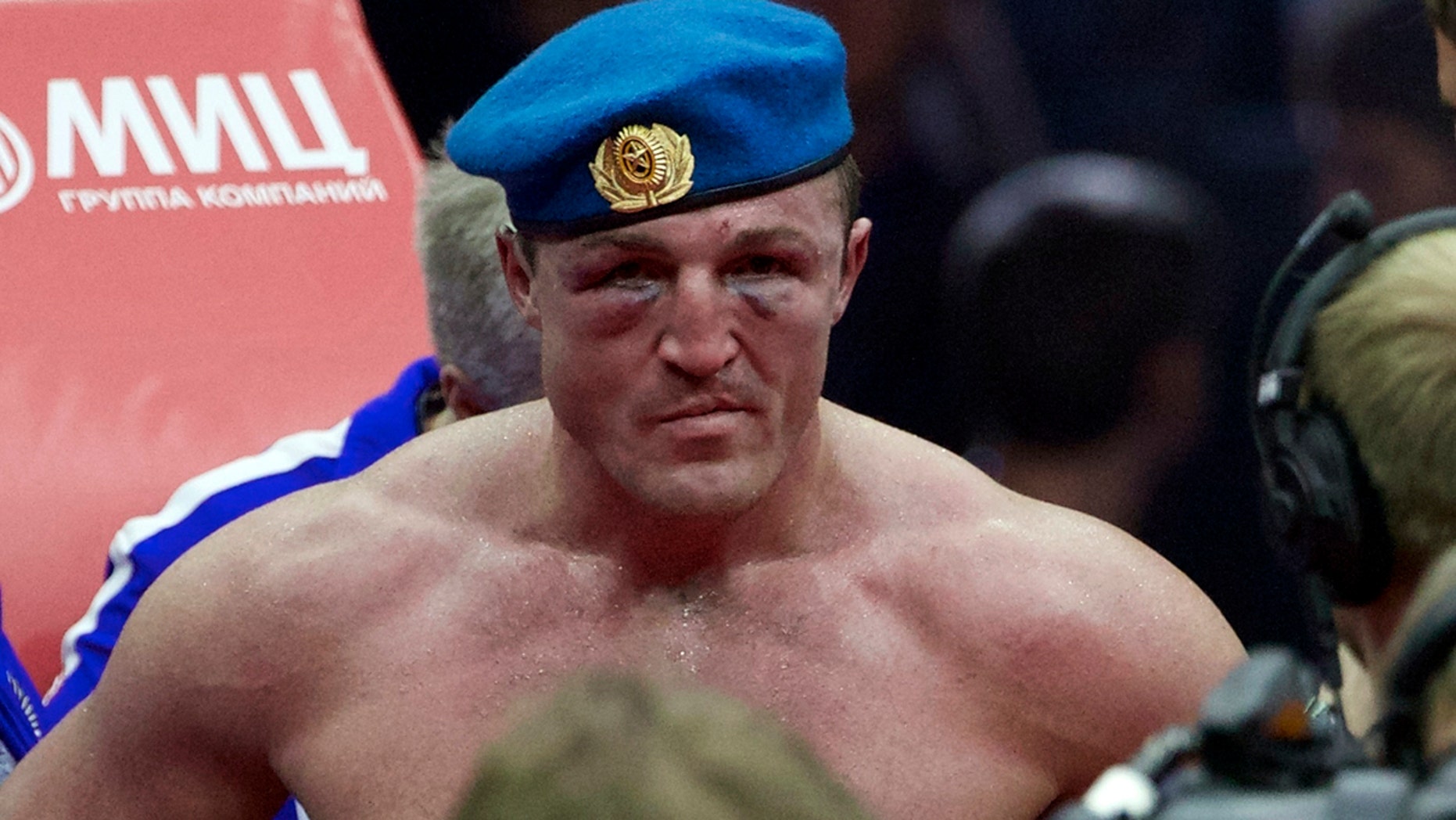 FILE - In this Saturday, Dec. 3, 2016 file photo, Russia's Denis Lebedev reacts after losing the IBF cruiserweight title bout against Russia's Murat Gassiev in Moscow, Russia. Former world cruiserweight boxing champion Denis Lebedev has retired aged 39 after a lengthy and colorful career, it was announced Thursday, July 11, 2019. (AP Photo/Ivan Sekretarev, File)