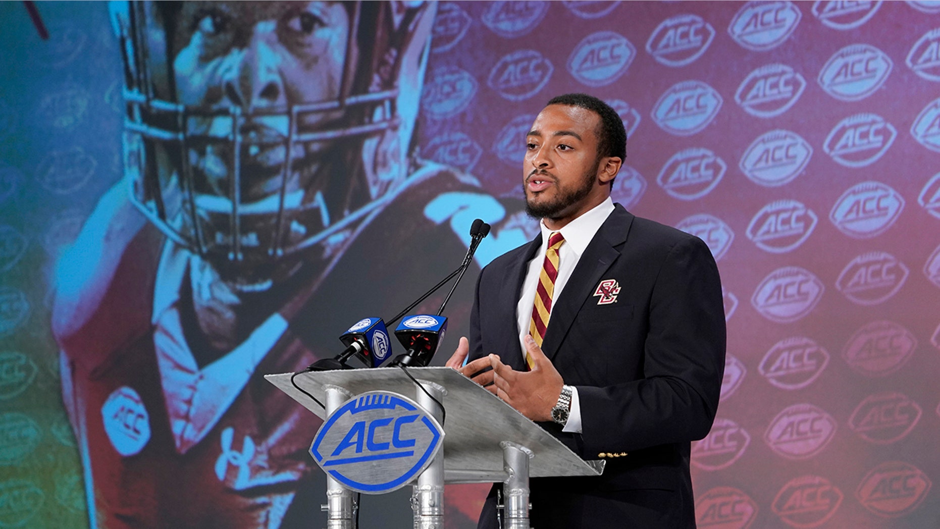 Boston College's AJ Dillon speaks during the Atlantic Coast Conference NCAA college football media day in Charlotte, N.C., Wednesday, July 17, 2019. (AP Photo/Chuck Burton)
