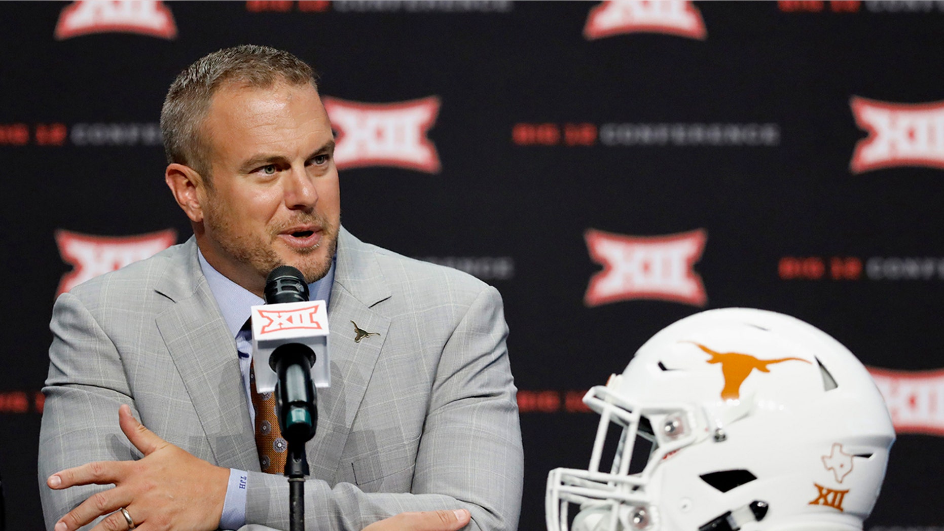 Texas head coach Tom Herman speaks during Big 12 Conference NCAA college football media day Tuesday, July 16, 2019, at AT&T Stadium in Arlington, Texas. (AP Photo/David Kent)