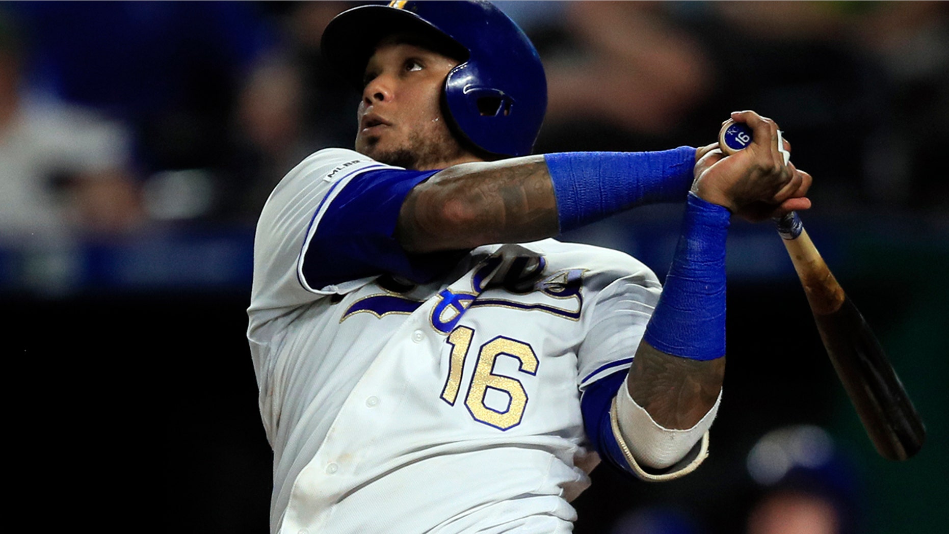 Kansas City Royals' Martin Maldonado hits a solo home run during the seventh inning of a baseball game against the Detroit Tigers at Kauffman Stadium in Kansas City, Mo., Friday, July 12, 2019. (AP Photo/Orlin Wagner)