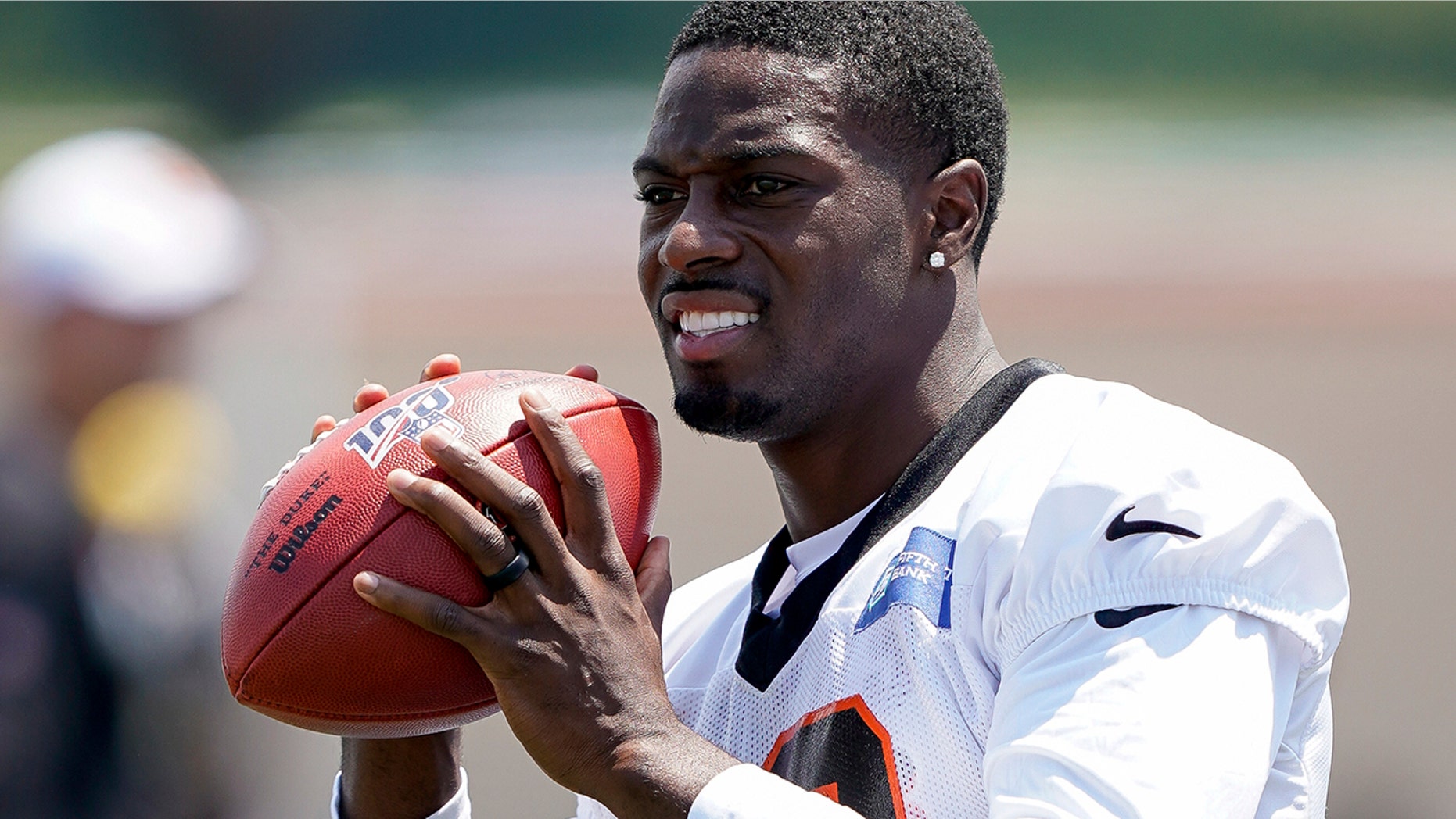 Cincinnati Bengal wide receiver A.J. Green (18) catches a pass during the first day of NFL football training camp in Dayton, Ohio, Saturday, July 27, 2019, in Dayton, Ohio. (AP Photo/Bryan Woolston)