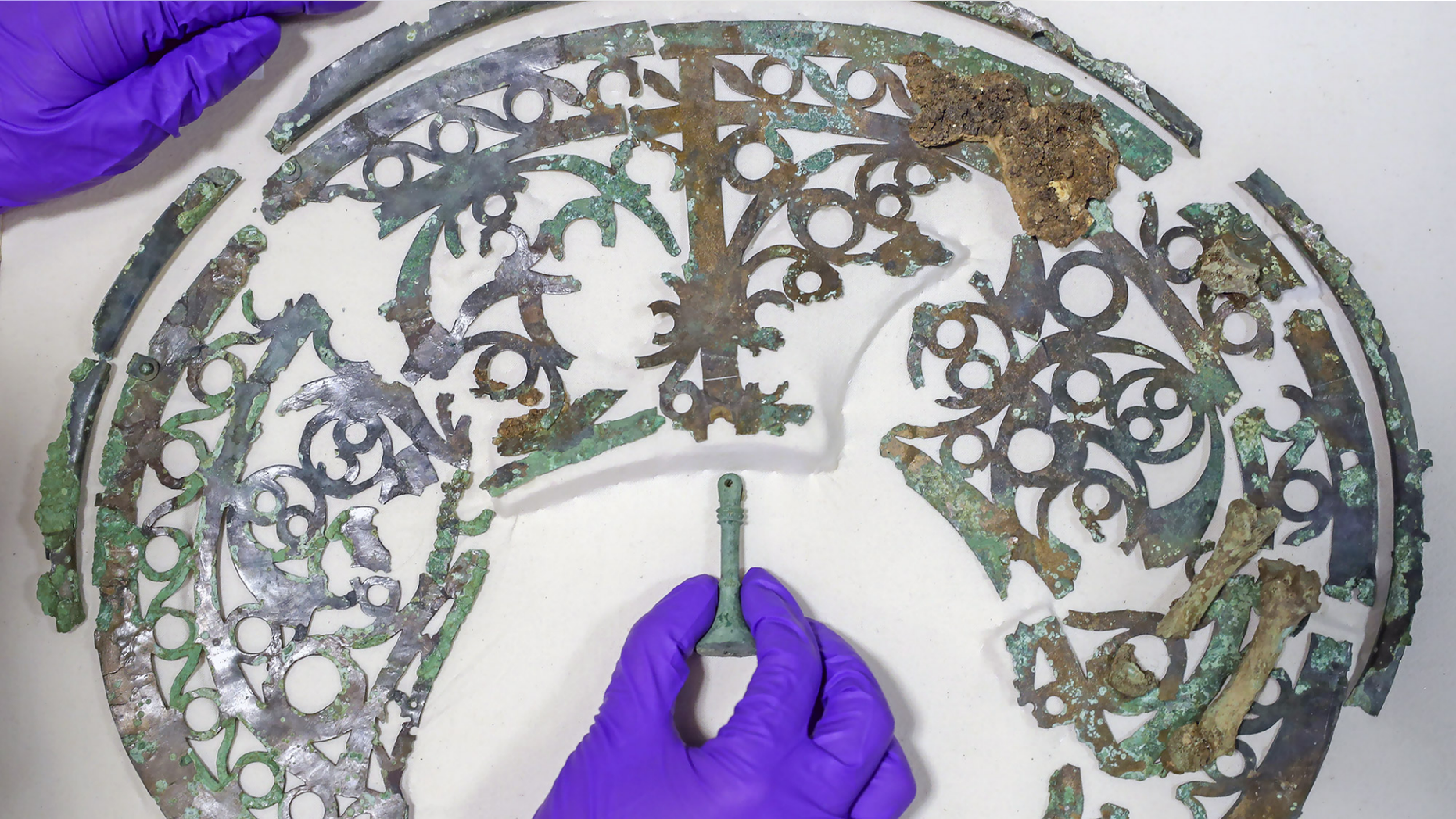 Part of a headdress from a helmet that belonged to an Iron Age warrior, who likely fought against the Romans in about 50 B.C.