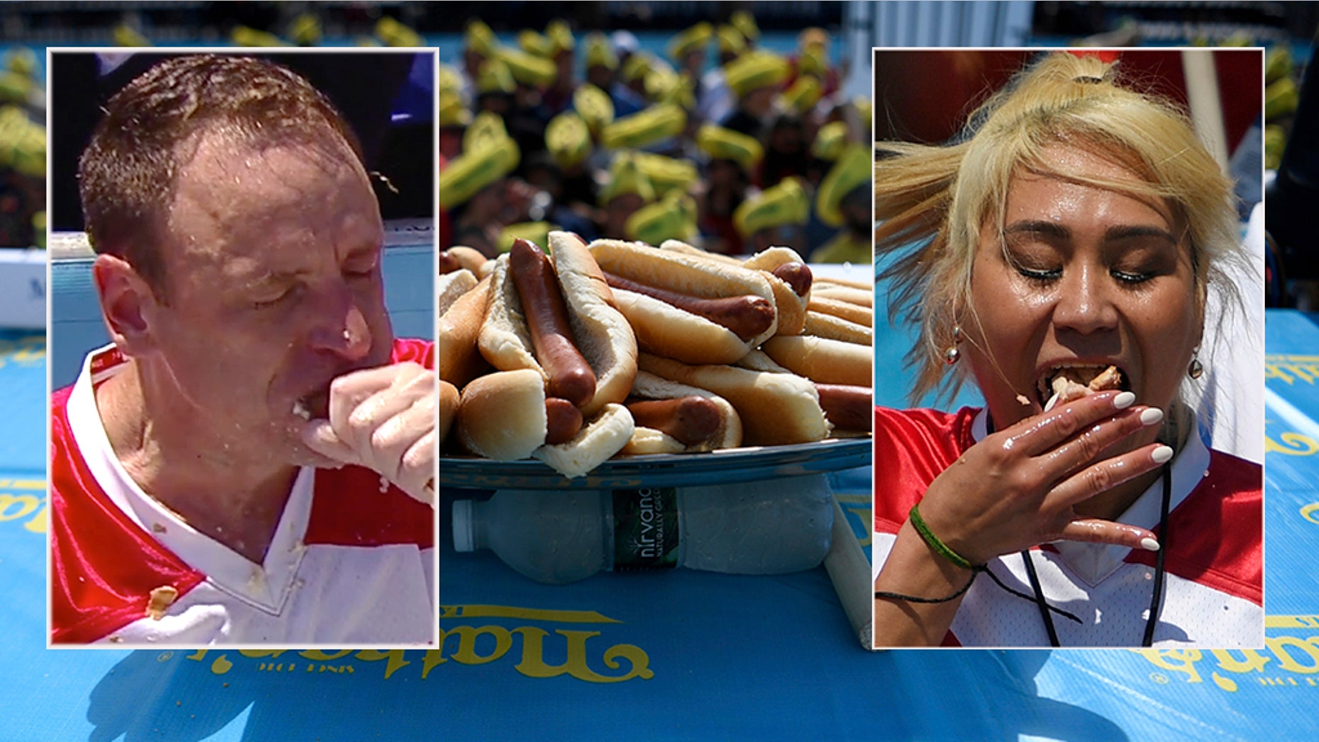 Hot dogs are displayed before the annual Nathan's Famous July Fourth hot dog eating contest, Thursday, July 4, 2019, in New York's Coney Island.