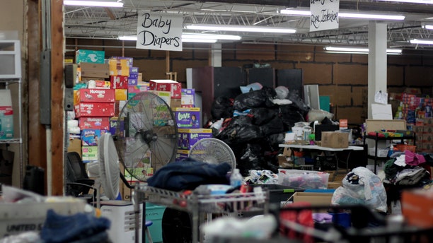 Warehouse of supplies in respite center in McAllen, Texas.