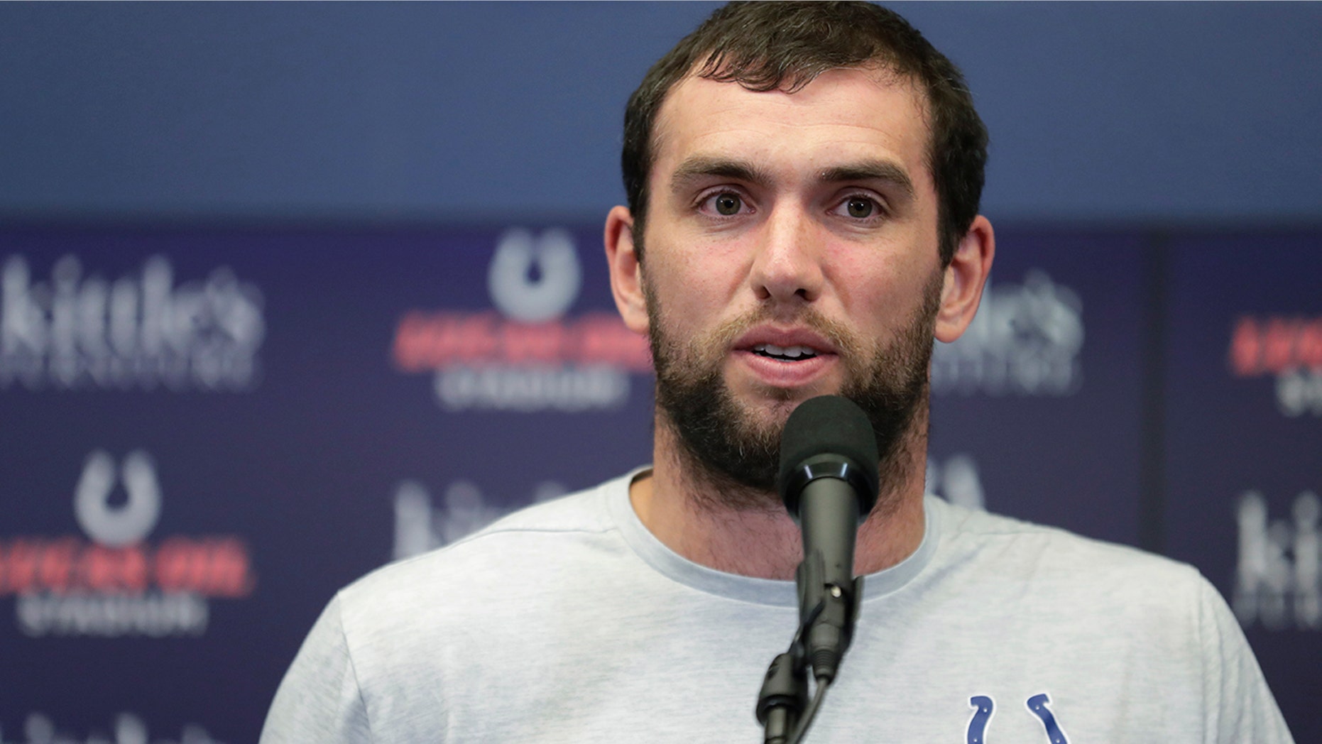 Indianapolis Colts quarterback Andrew Luck speaks during a news conference following the team's NFL preseason football game against the Chicago Bears, Saturday, Aug. 24, 2019, in Indianapolis. (AP Photo/Michael Conroy)