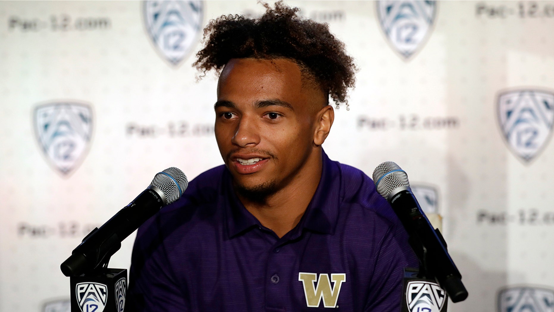 Washington defensive back Myles Bryant answers questions during the Pac-12 Conference NCAA college football Media Day Wednesday, July 24, 2019, in Los Angeles. (AP Photo/Marcio Jose Sanchez)