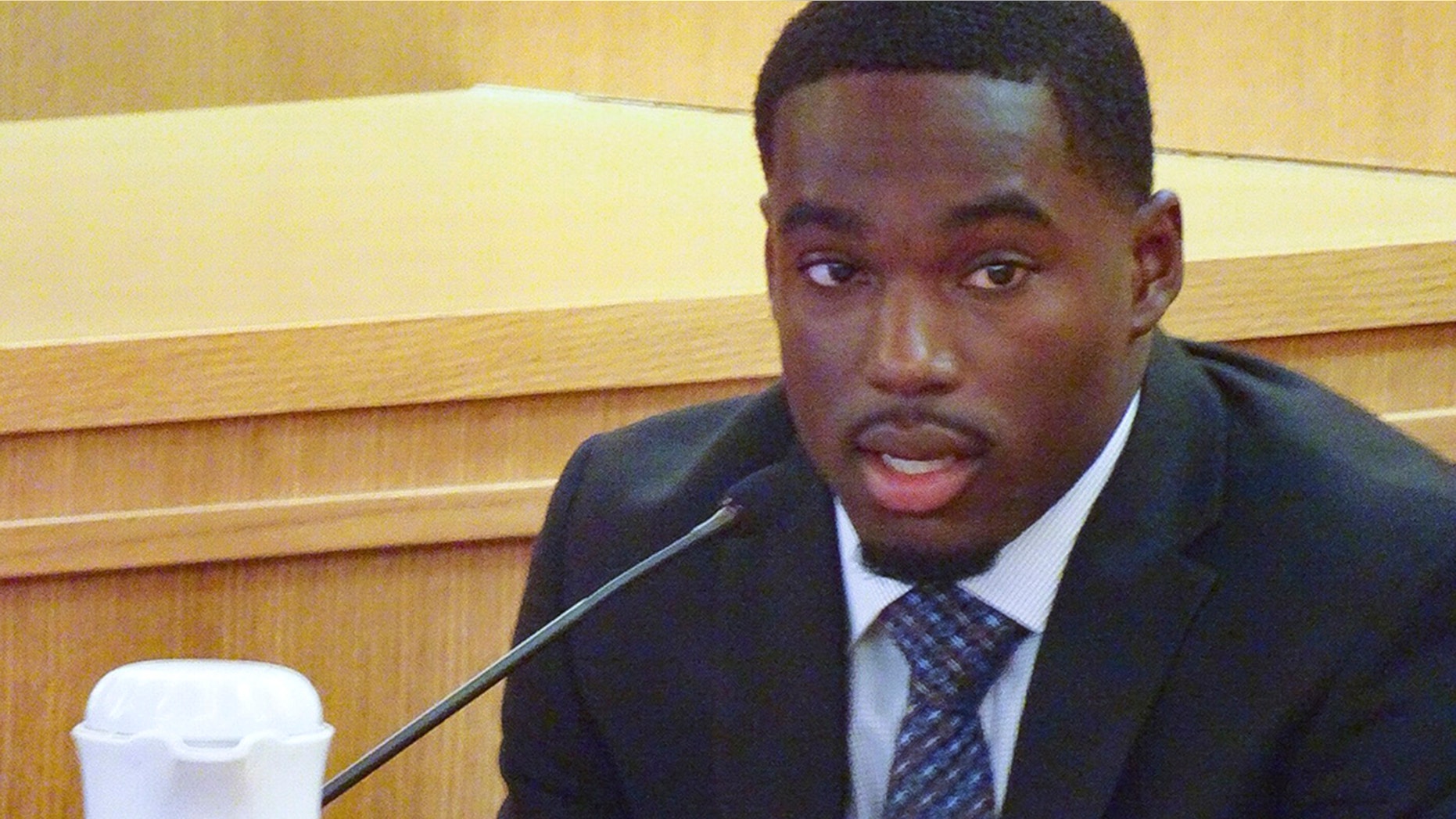 FILE - In this Aug. 2, 2019, file photo, former Wisconsin football player Quintez Cephus testifies during his trial in Madison, Wis. Cephus says going back to school is his top priority after a jury found him not guilty last week of sexual assault charges. The wide receiver tells the Milwaukee Journal Sentinel in a story published Tuesday, Aug. 6 that he doesn't know if he will return to the University of Wisconsin or another college. (Ed Treleven/Wisconsin State Journal via AP, File)
