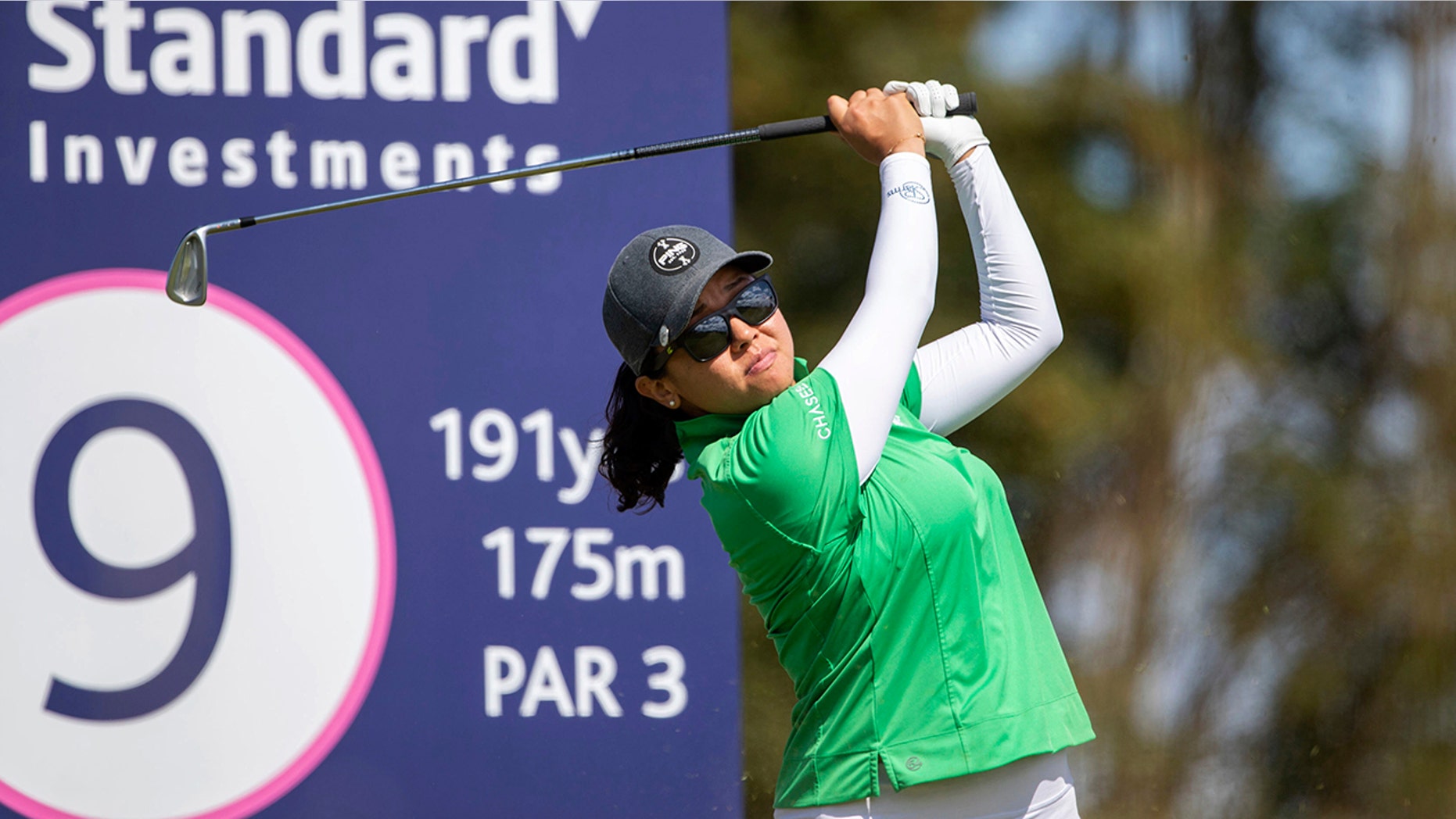 Jane Park of the US tees off at the 9th hole during day one of the Ladies Scottish Open, at The Renaissance Club, in North Berwick, Scotland, Thursday, Aug. 8, 2019. (Kenny Smith PA via AP)