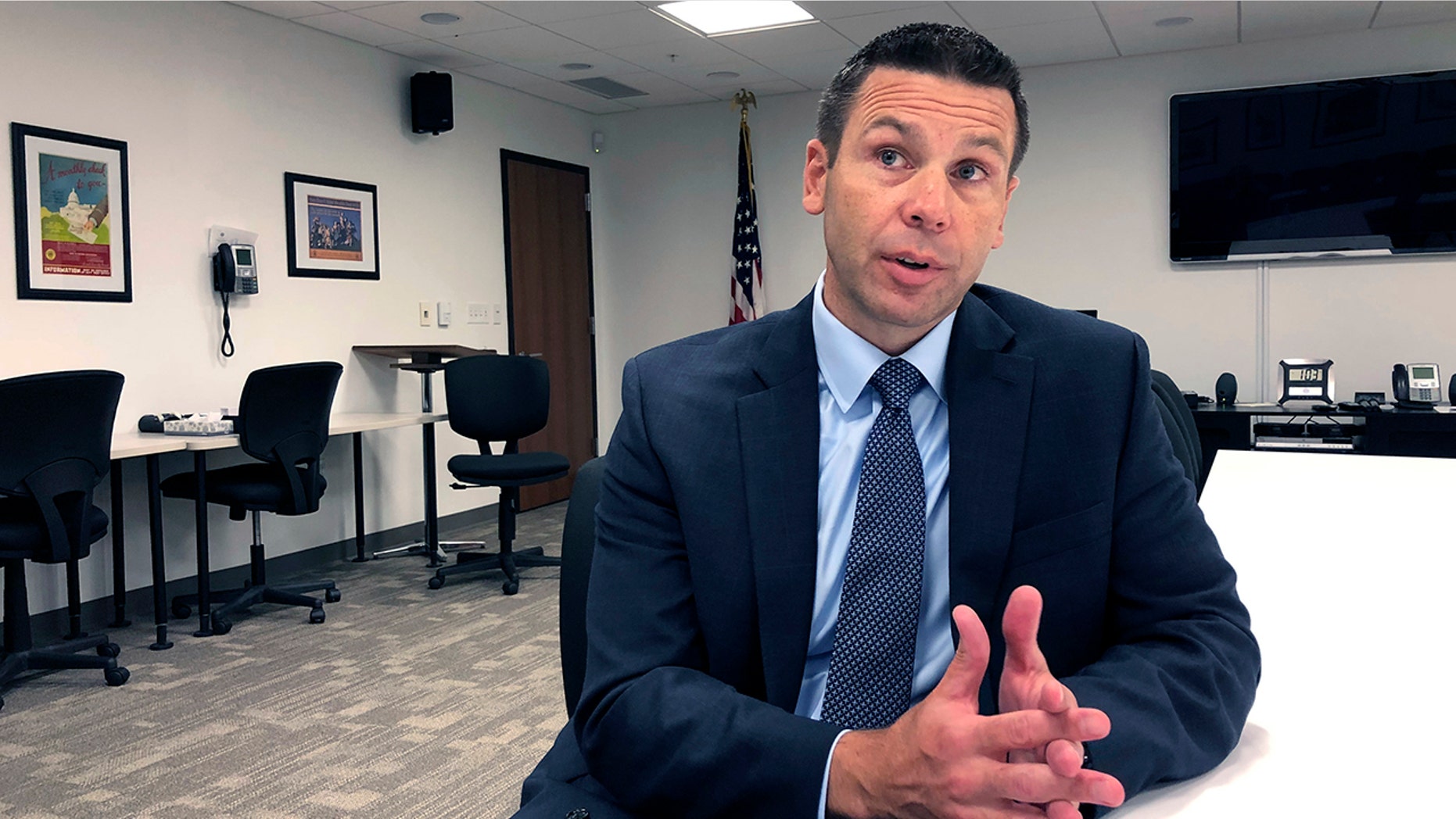 Kevin K. McAleenan, U.S. acting secretary of Homeland Security, speaks Tuesday, Aug. 13, 2019, at a federal building in Jackson, Miss. McAleenan said “violent white supremacist ideology” is fueling some domestic terrorism. (AP Photo/Emily Wagster Pettus)
