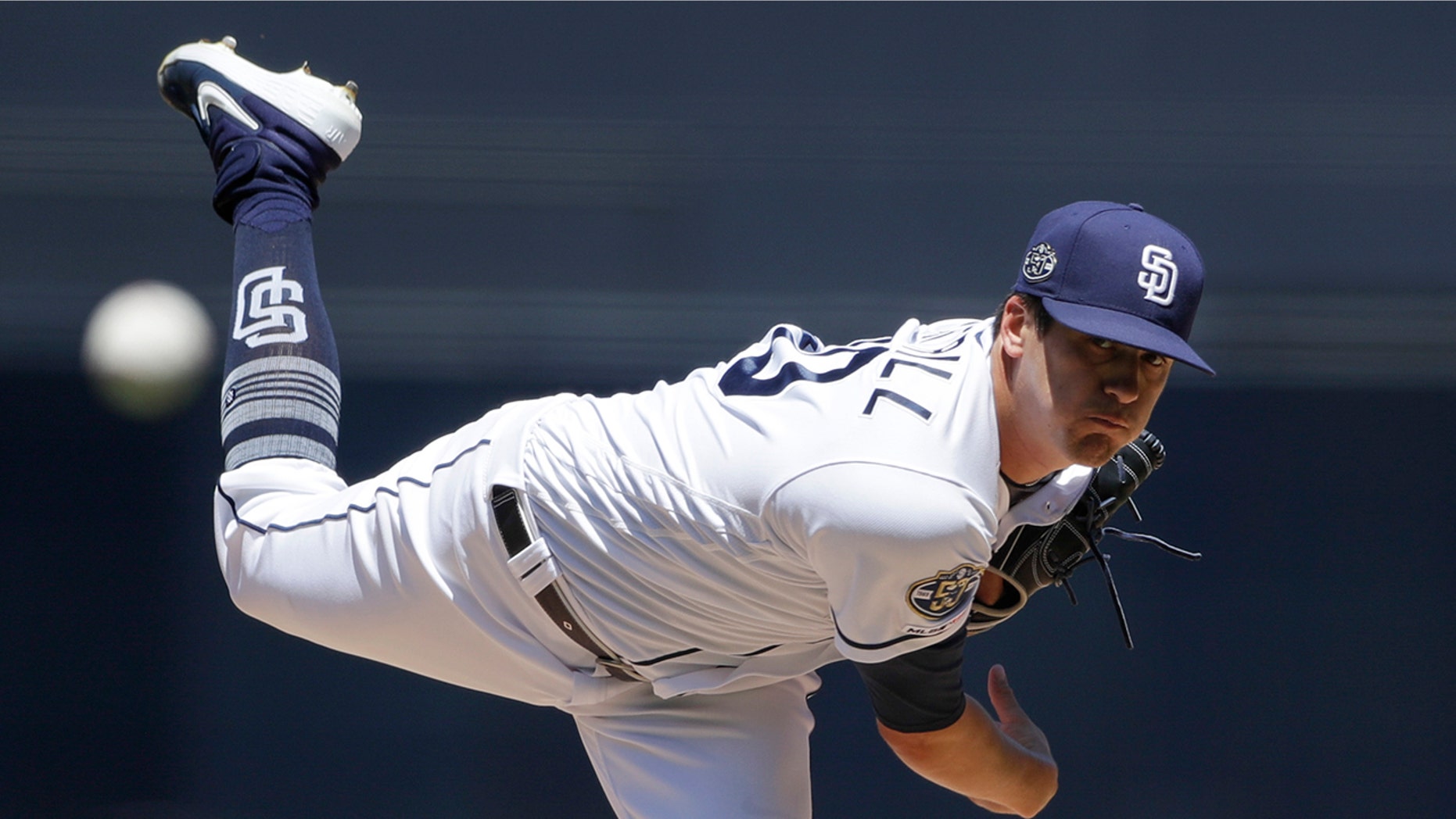 San Diego Padres starting pitcher Cal Quantrill works against a Tampa Bay Rays batter during the first inning of a baseball game Wednesday, Aug. 14, 2019, in San Diego. (AP Photo/Gregory Bull)