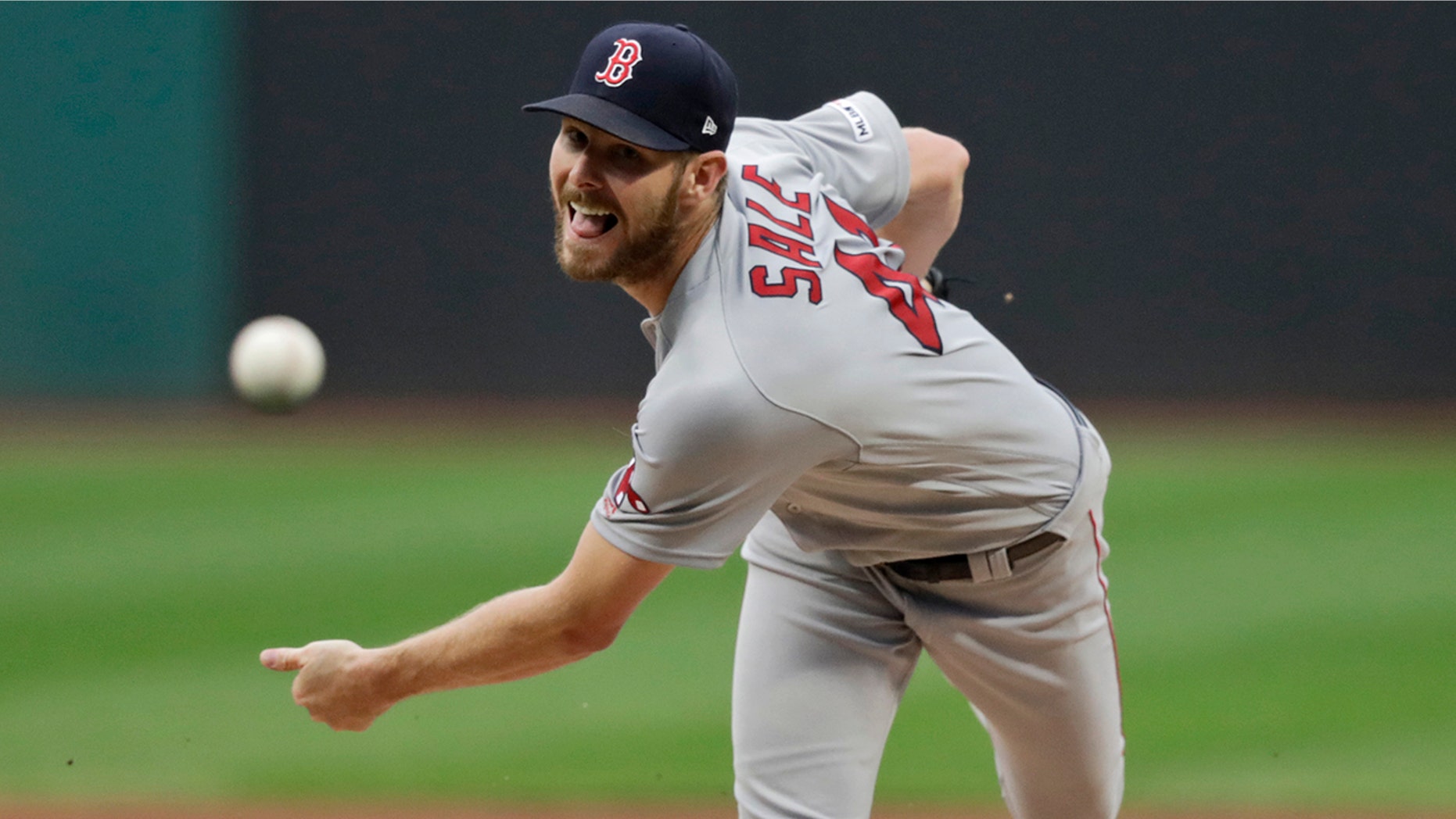 Boston Red Sox starting pitcher Chris Sale delivers in the first inning of the team's baseball game against the Cleveland Indians, Tuesday, Aug. 13, 2019, in Cleveland. (AP Photo/Tony Dejak)