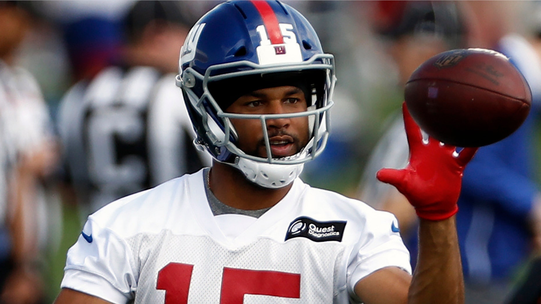 FILE - In this May 20, 2019, file photo, New York Giants wide receiver Golden Tate makes a catch during an NFL football practice in East Rutherford, N.J. Golden Tate has had the appeal of his four-game suspension for a violation of the NFL's policy on performance enhancers turned down. The decision by an independent arbiter was announced Tuesday, Aug. 13, 2019, and means the 10-year-veteran will miss the first four games of the regular season, starting with Dallas on Sept. 8. (AP Photo/Adam Hunger, File)