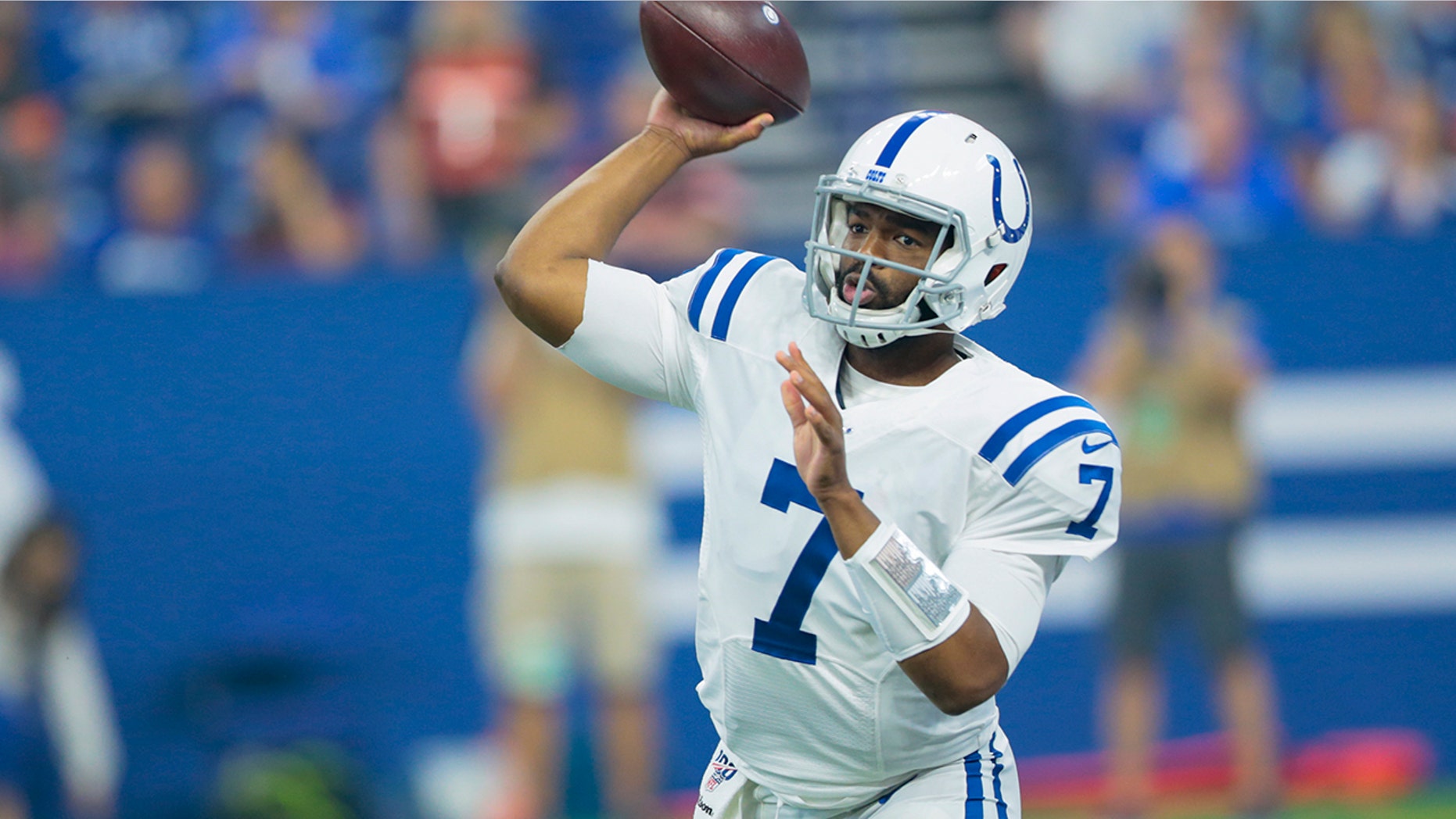 Indianapolis Colts quarterback Jacoby Brissett (7) throws against the Cleveland Browns during the first half of an NFL preseason football game in Indianapolis, Saturday, Aug. 17, 2019. (AP Photo/AJ Mast)