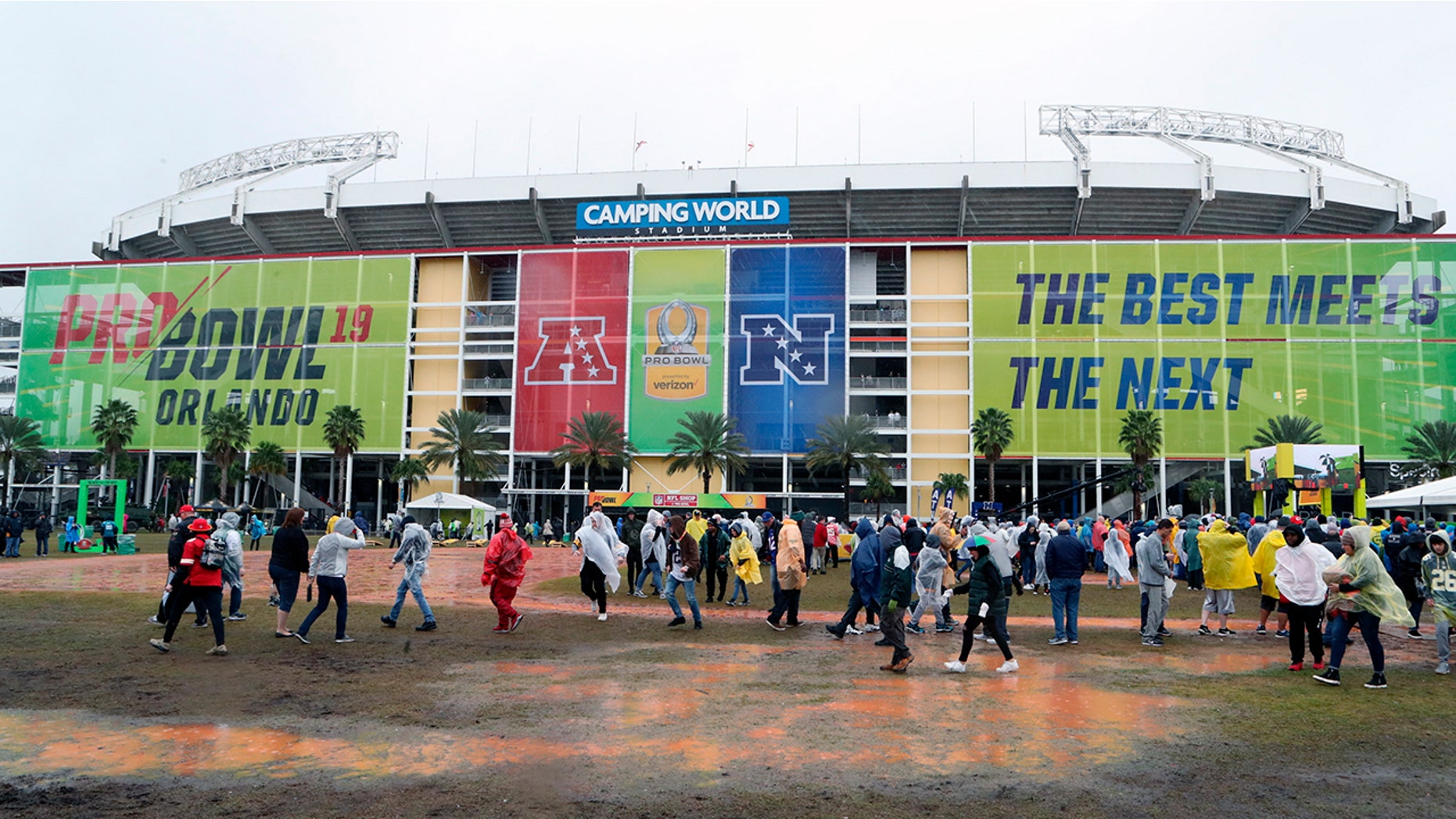 FILE - This Jan. 27, 2019, file photo shows a general view exterior of Camping World Stadium before the NFL Pro Bowl football game in Orlando, Fla. The Pro Bowl will return to Orlando for the fourth straight year and be held one week before the Super Bowl. The NFL's all-star game will be an afternoon match at 3 p.m. on Sunday, Jan. 26. (AP Photo/Gregory Payan, File)