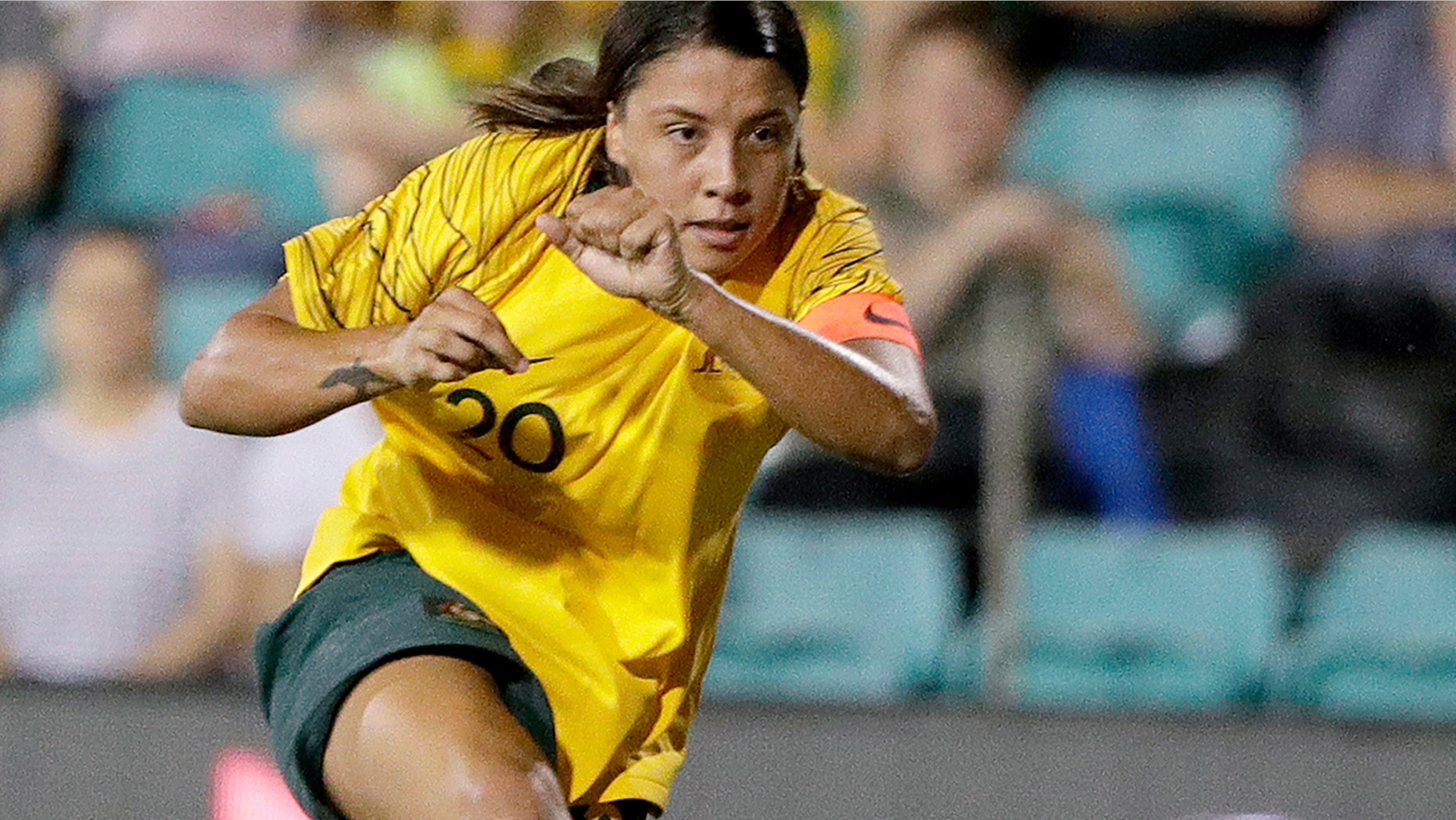 FILE - In this Feb. 28, 2019, file photo, Australia's Samantha Kerr plays against New Zealand during a Cup of Nations soccer match in Sydney, Australia. Kerr sat down on a metal bench after taking a few extra shots after a Chicago Red Stars practice. Red Stars coach Rory Dames poked fun at her competitive streak, and Kerr just laughed it off. If the Aussie star is on her way out of town, it was hard to tell on a picturesque summer afternoon in suburban Chicago. (AP Photo/Rick Rycroft, File)